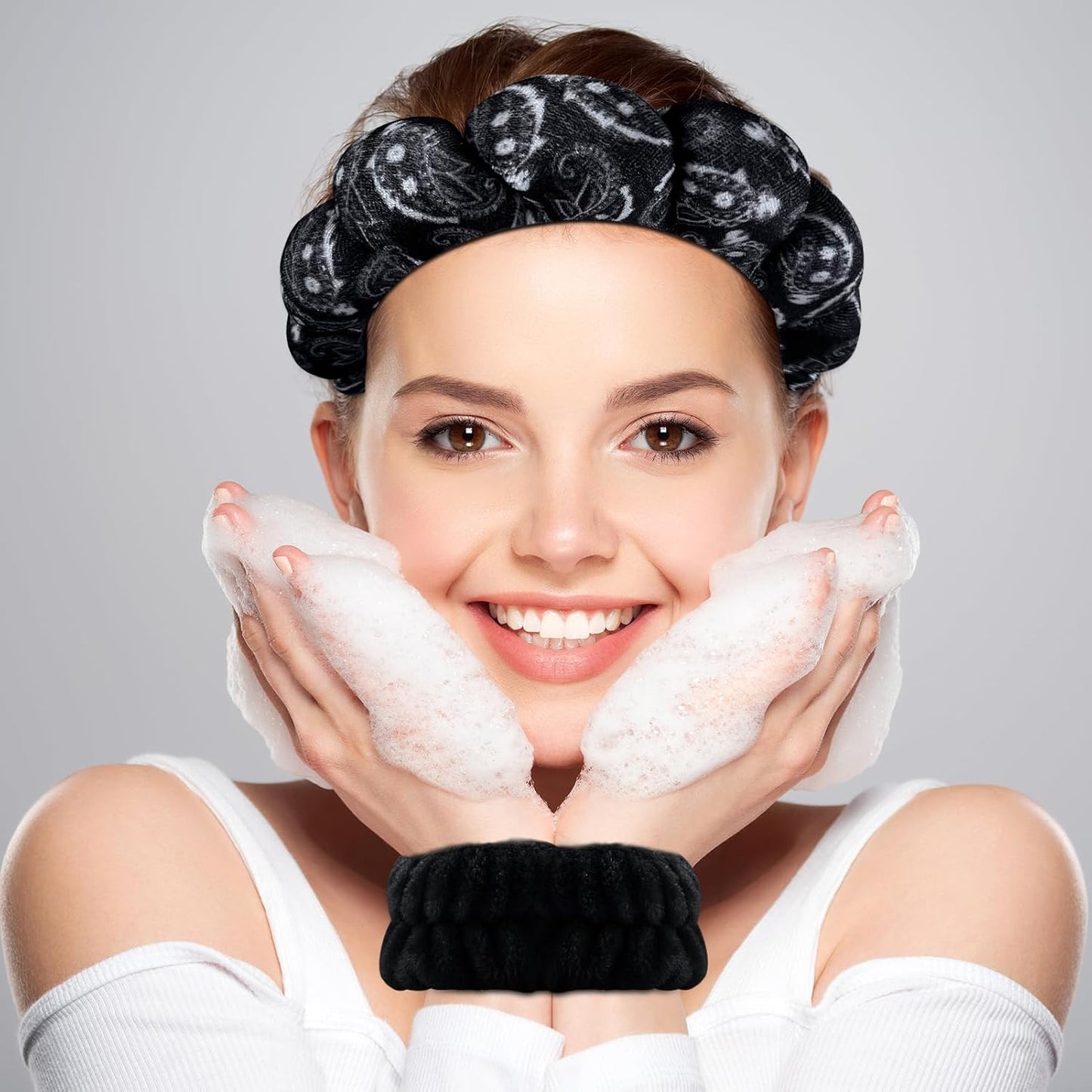 Zkptops Spa Headband for Washing Face Wristband Set Sponge Makeup Skincare Velvet Fabric Bubble Soft Get Ready Hairbands for Women Puffy Headwear Non Slip Thick Thin Hair Accessory(Black Large Nuts)