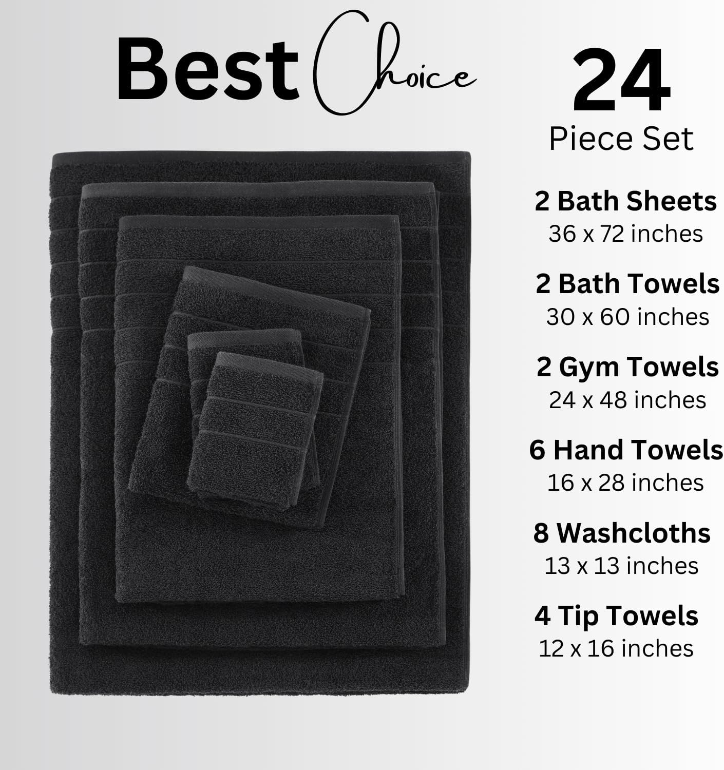 Casa Platino Cotton Towel Set 24 Pc – Quick Dry, Pre-Shrunk, Soft Ring Spun Towels for Bathroom, Large Bath Sheets to Washcloths, Machine Washable, Great Gift Set – Black