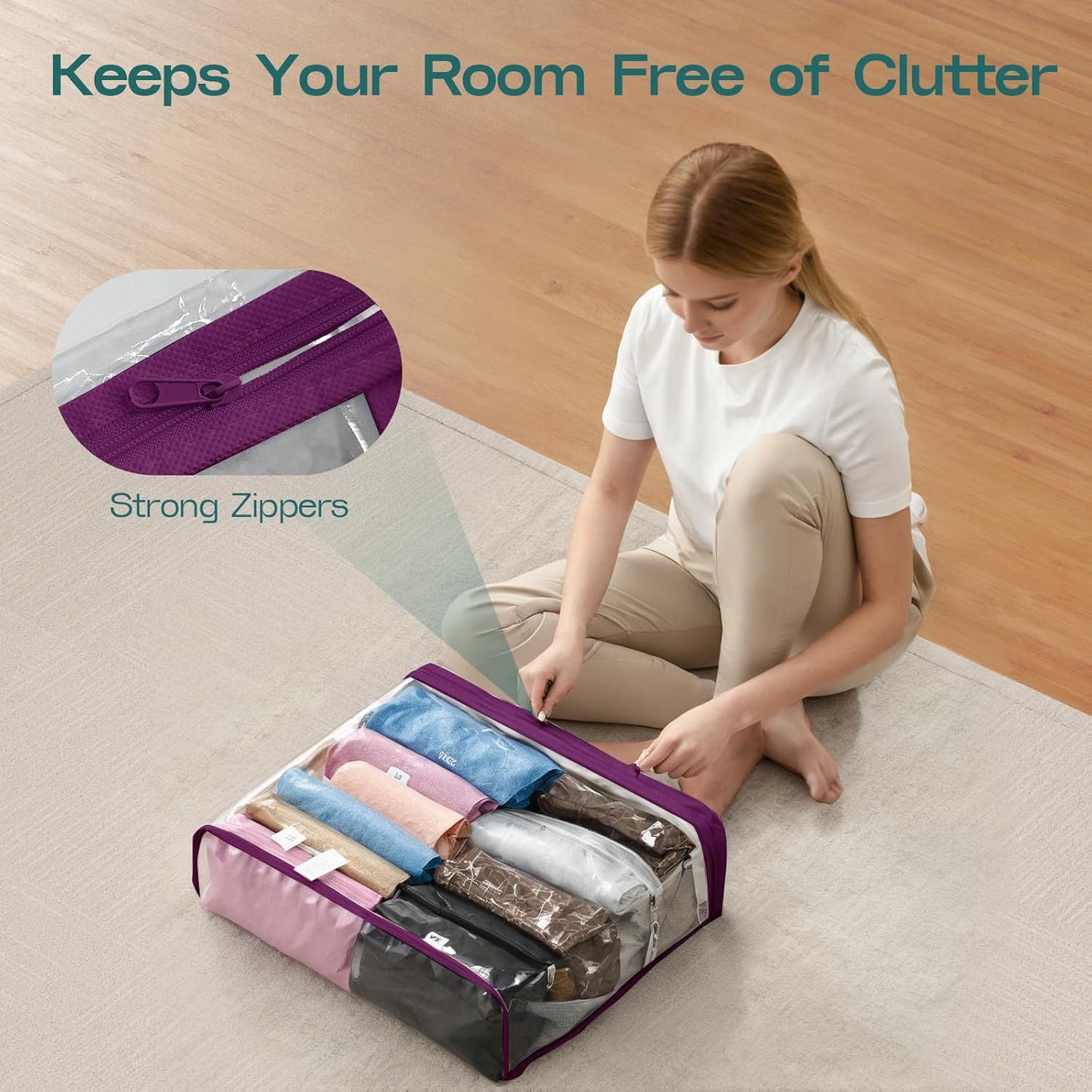 5PACK Clear Zippered Storage Bags for Clothes, 22L Closet Organizers Bag, and Blanket Storage Bags for Bedding, Linen, Blankets, Comforters, Clothing & Toys (Purple)