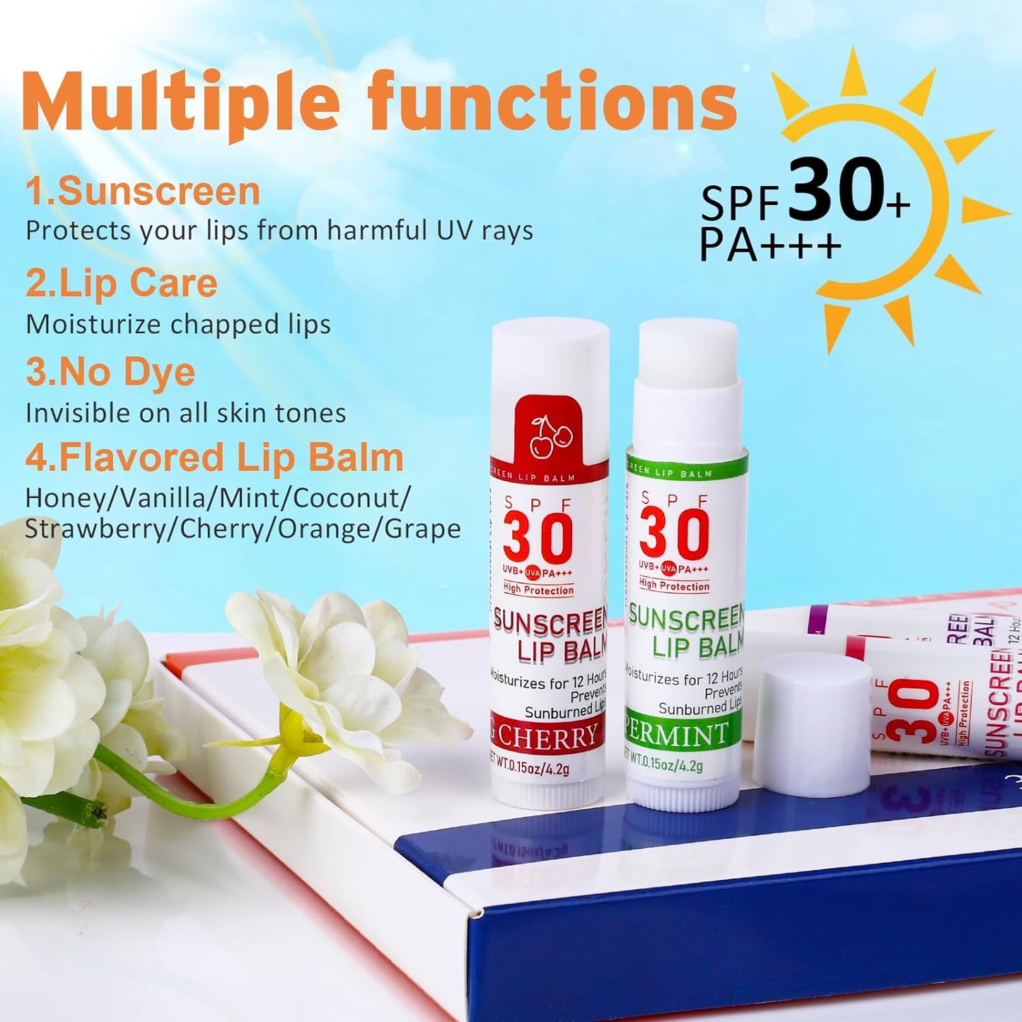 SPF 30 Sunscreen Lip Balm, Bulk Travel Size-64 Pack, Hydrating with Vitamin E & Coconut Oil- 8 Flavors