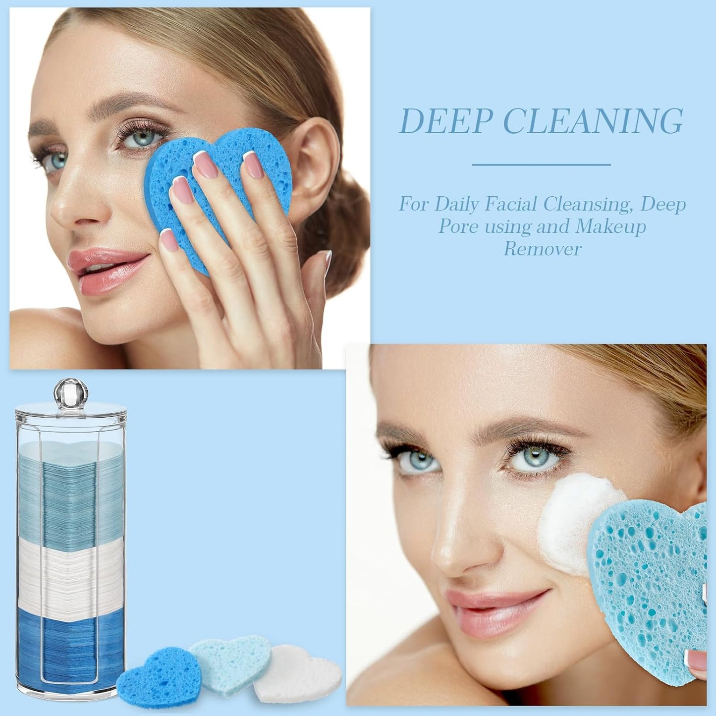 Sieral 120 Pcs Compressed Facial Sponges with Container Disposable Face Sponge Pads for Washing Face Cleansing Exfoliating Esthetician Makeup Removal(Heart,Blue, Light Blue, White)