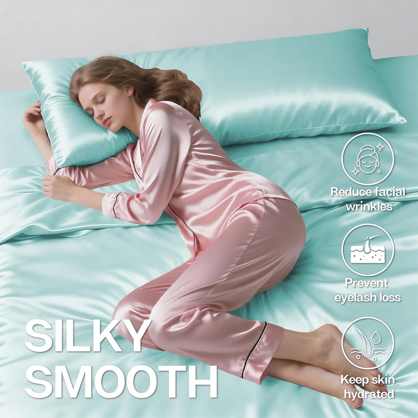 MR&HM Satin Body Pillow Cover, Soft and Breathable Body Pillow Case with Envelope Closure, Cooling and Silky Long Pillowcase for Hair and Skin,Grey (20x54, Turquoise)