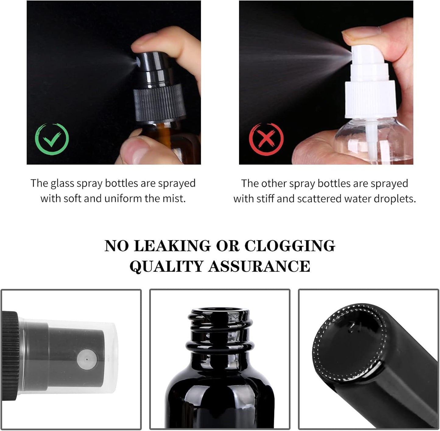 2oz Glass Spray Bottle, Fine Mist Boston Glass Bottles with Black Fine Mist Sprayer Small Clear Bottles for Essential Oils, Bath, Beauty, Hair & Cleaning, UV Black, Pack of 12