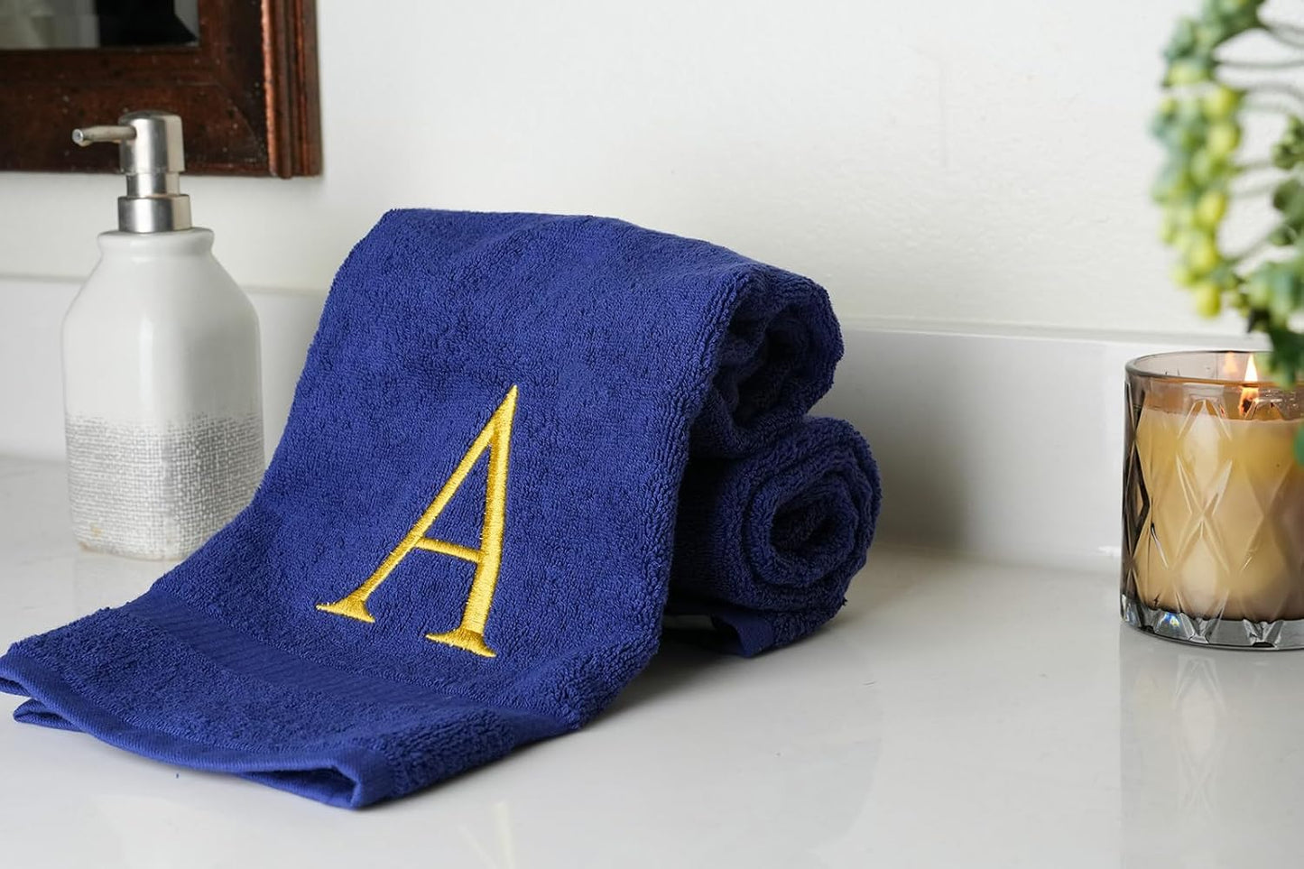 Navy Monogrammed Hand Towels for Bathroom - Luxury Hotel Quality Personalized Initial Decorative Embroidered Towel for Powder Room, Spa - GOTS Organic Certified - Set of 2 Gold Letter A