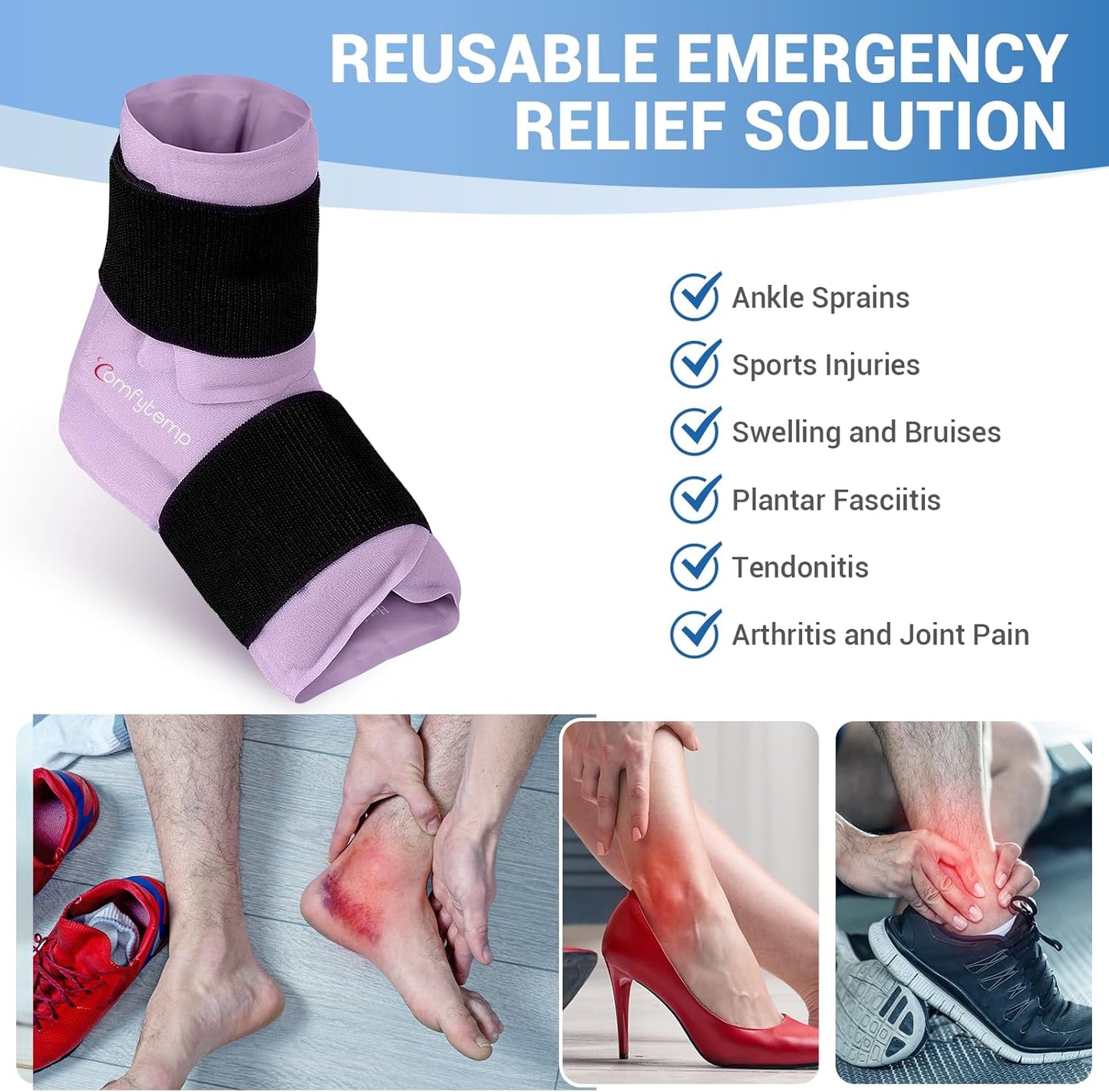 Comfytemp Large Ankle Foot Ice Pack Wrap for Plantar Fasciitis Relief, Feet Brace for Sprained Ankle, Heel Spur, Swelling, Tendonitis, Pain, Hot & Cold Therapy, Surgery Get Well Gift, 1 Pack (Purple)