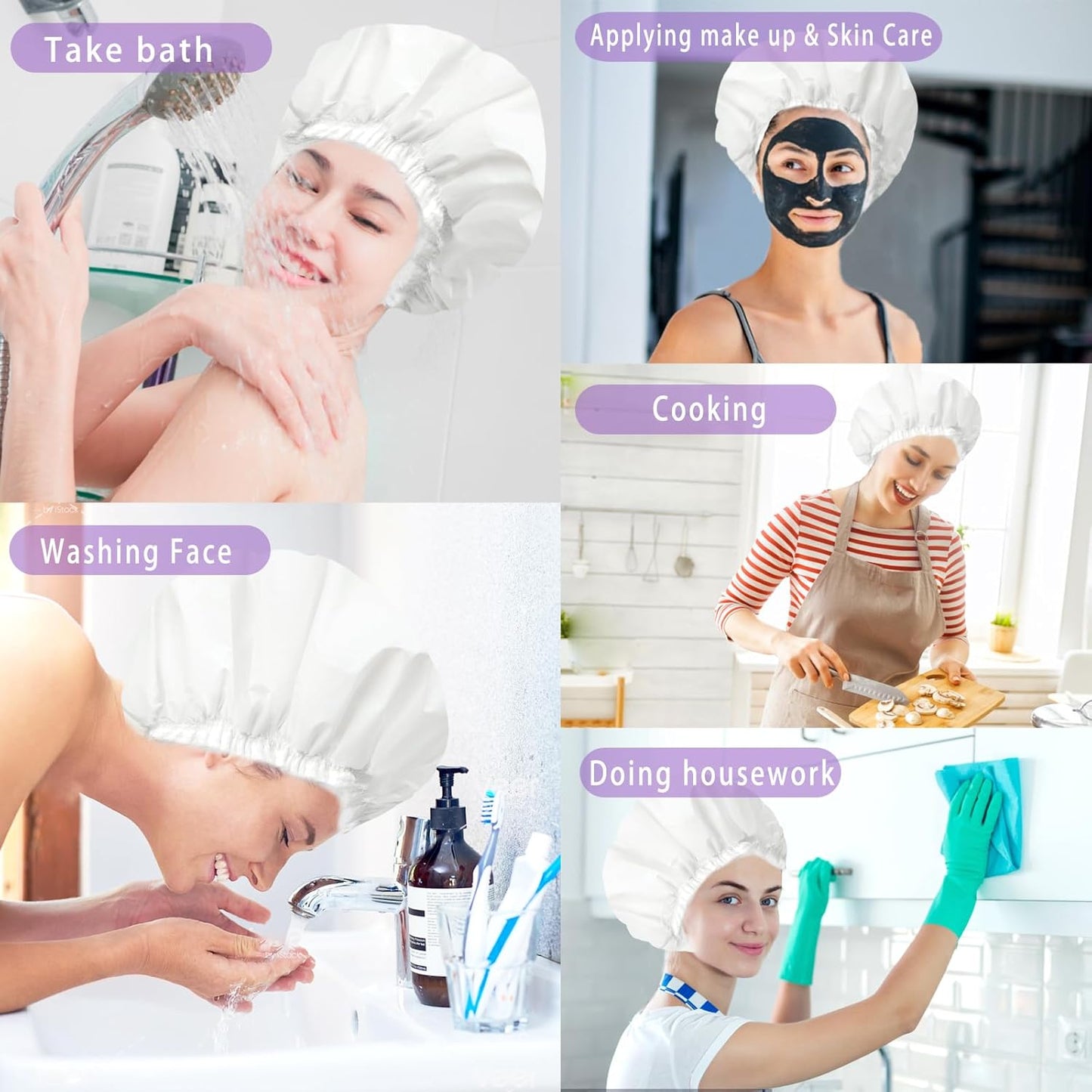 Shower Caps for Women, Terry Cloth Lined EVA Exterior Elastic and Reusable Bath Caps, Double Waterproof Layers Shower Cap, Bathing Shower Caps, Environmental Protection Bath Hair Cap - White