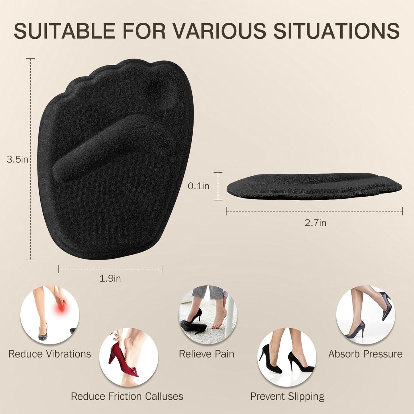 Metatarsal Pads Women, Gel Ball of Foot Cushions for Pain Relief in Shoes, Non-Slip Heel Inserts, One Size Fits All (2 Pairs, Black)