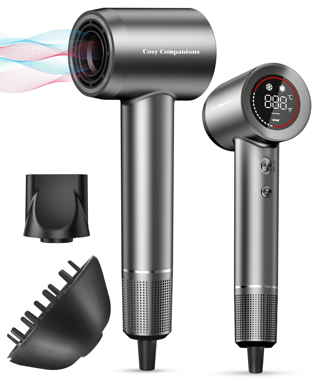 Hair Dryer - Negative Ionic Blow Dryer with 150000 RPM High Speed Brushless Motor for Fast Drying, Low Noise, HD Display Hair Dryer with Diffuser and Nozzle, 5 Temps & 2 Speeds