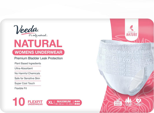 Veeda Natural Adult Incontinence Underwear for Women - Postpartum Underwear for Bladder Leakage Protection - Disposable Underwear with Maximum Absorbency - X-Large Size - 10 Count