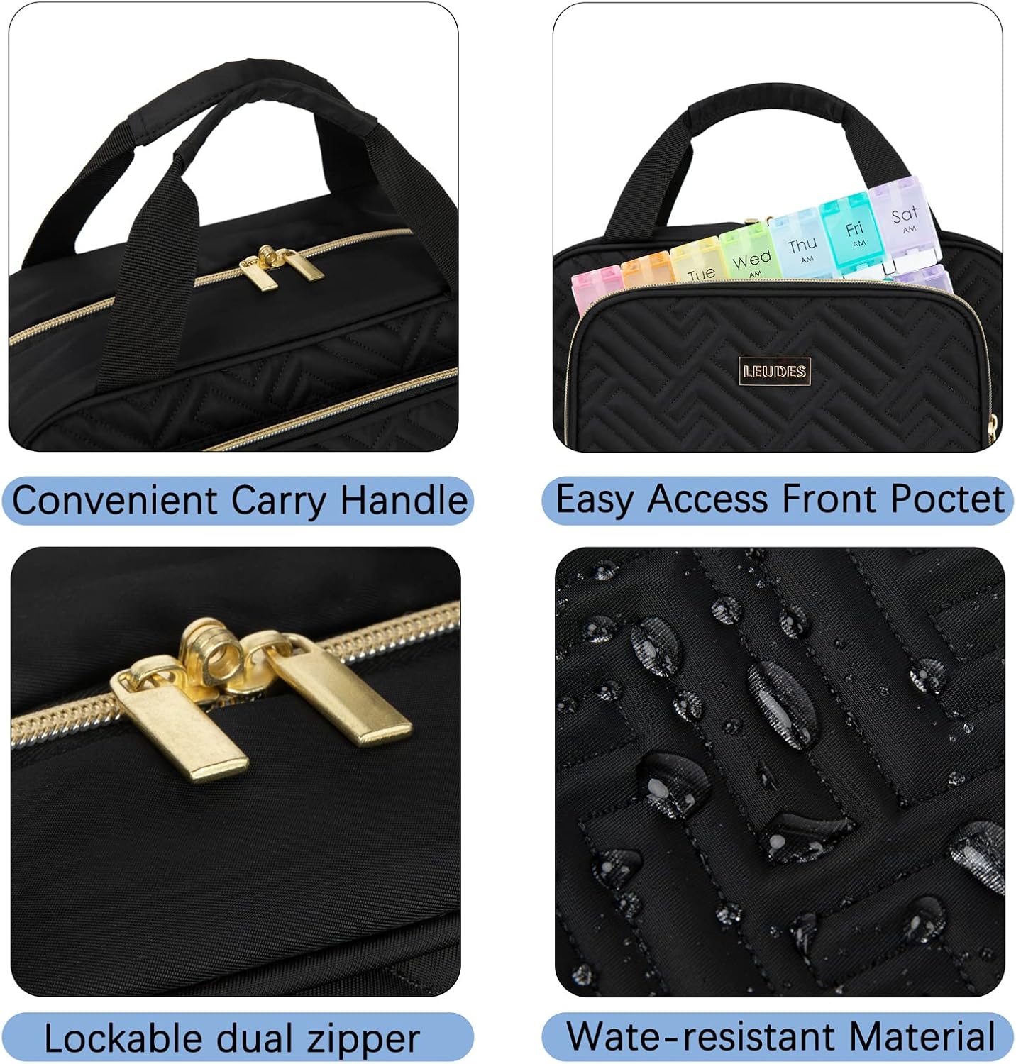 Leudes Travel Pill Bottle Organizer,Medicine Organizer and Storage,Home Medication Bag, Cases,Carrier for Pills,Vitamin,Fish Oil,Supplements for Women and Men (Medium, Black)