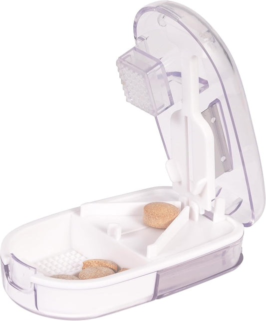 Pill Cutter Splitter for Small and Tiny Pills, or Large Pills. V-Shaped Design for Multiple Sizes. Safety Blade Guard. Loss-Proof Built-in Small Brush & Sliding Door Pill Storage (Clear)