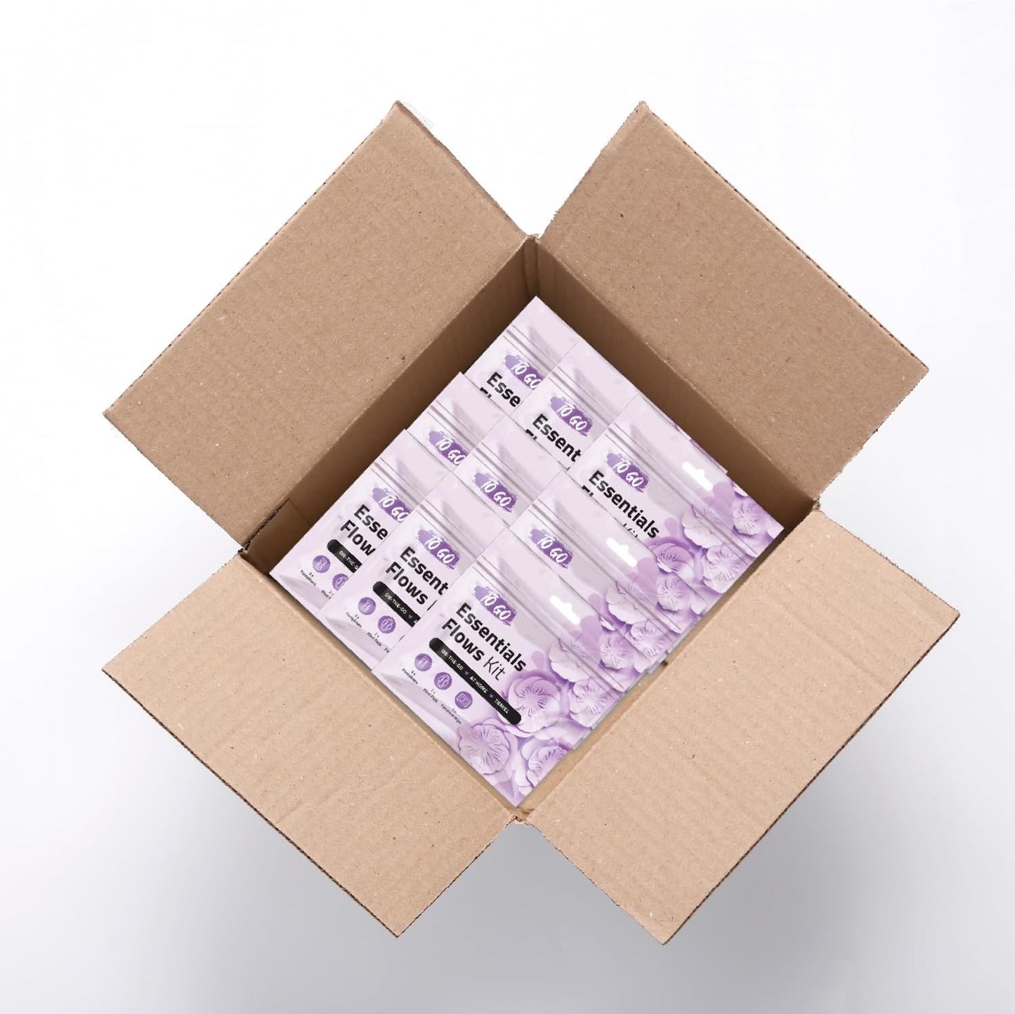 Essential Flow Kit – Case of 60 Individually Packed Period Kits for Schools, Students & Emergency Needs | Includes 3 Pantiliners, 2 Maxi Pads & 1 Feminine Wipe in a Discreet Zip Bag (Purple)