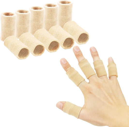 Finger Sleeves , Thumb Splint Brace For Finger Support, Breathable Elastic Finger tape, Compression pression Protector For Reliving Pain, Triggger Finger, Compression Aid For Sports, 10PCS (Beige)