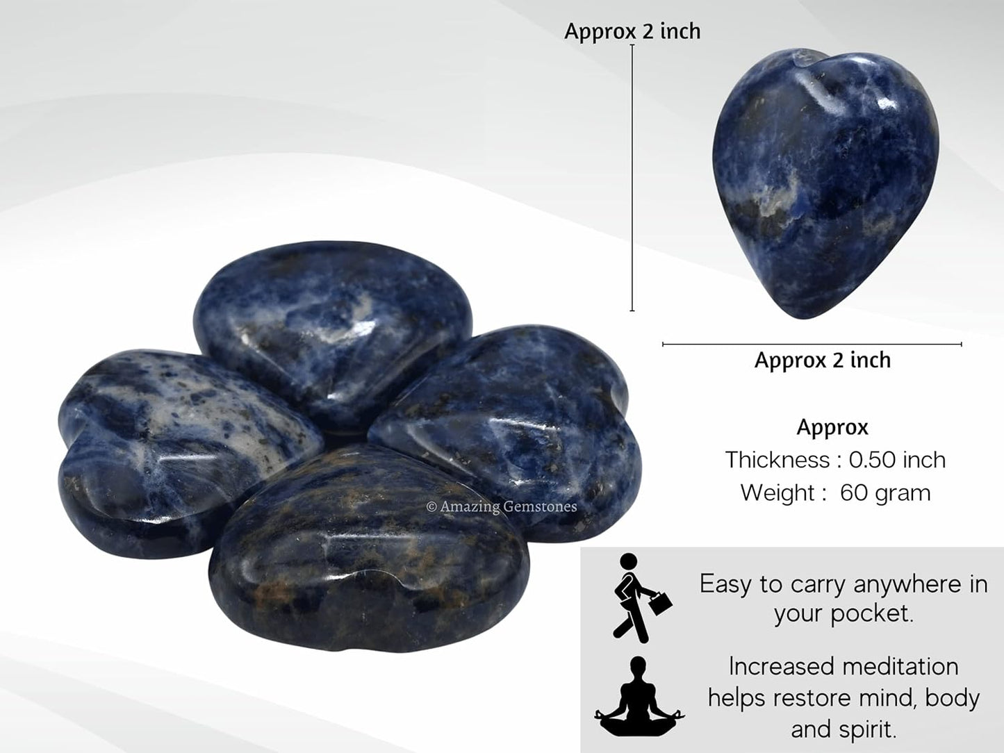 Amazing Gemstone Sodalite Crystal Heart Palm Stone - Pocket Massage Worry Stone for Natural Body Chakra Balancing, Reiki Healing and Crystal Grid