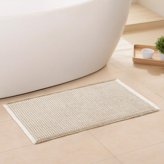 Waffle Bath Mat - Boho Bathroom Rugs Non Slip Washable, Super Absorbent & Quick Dry, Small Bath Mats Farmhouse Bathroom Decor, 18'' x 30'', Khaki and White