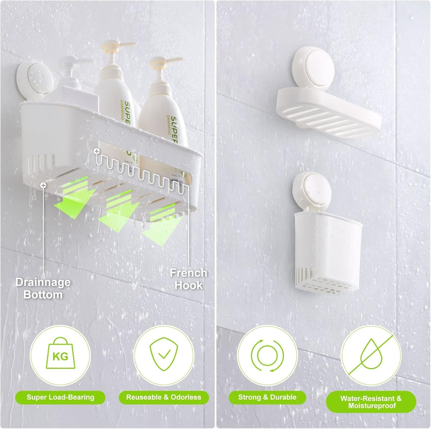 Uten Bathroom Suction Cup Shower Shelf 3-in-1 Wall Mounted Shower Basket Toothbrush Holder No Drill Hanging Rack Removable Shower Caddy Toilet Storage Rack Organizer