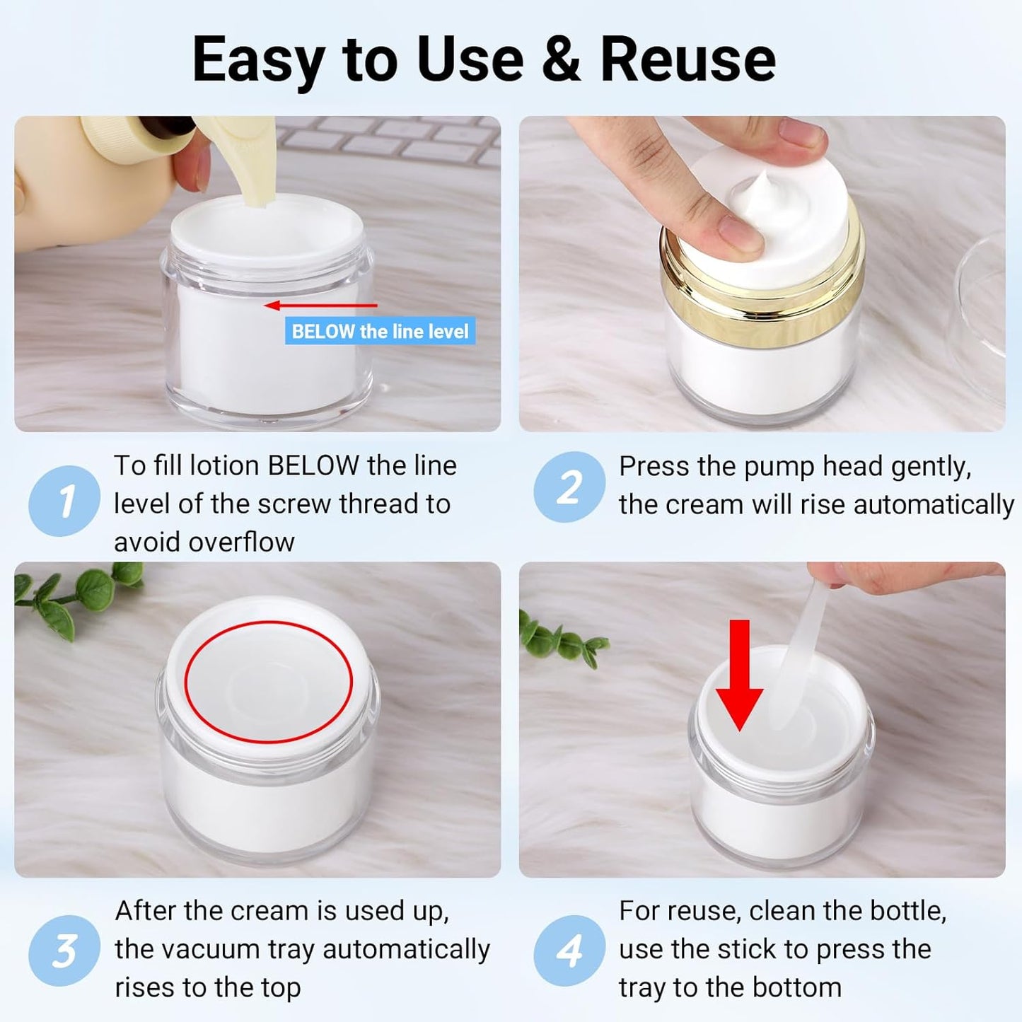 Segbeauty 1.7oz Airless Pump Bottles Travel, Airless Pump Jars Pack of 4 Gold Empty Travel Jars for Creams Vacuum Bottle Dispenser, 50ml Refillable Bottle for Toiletries Moisturizer Container