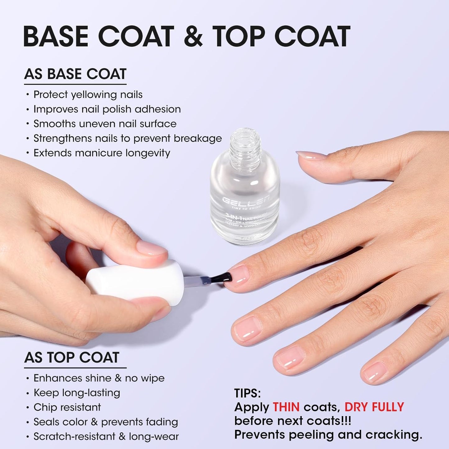 GELLEN 3-In-1 Clear Nail Polish Base Top Coat, Nail Strengthener and Growth, Hydrate Strengthen Nourish Damaged Dry Nails, Keratin & Vitamin E Formula, Air Dry, Hema Free, Non-toxic, Anti-yellowing