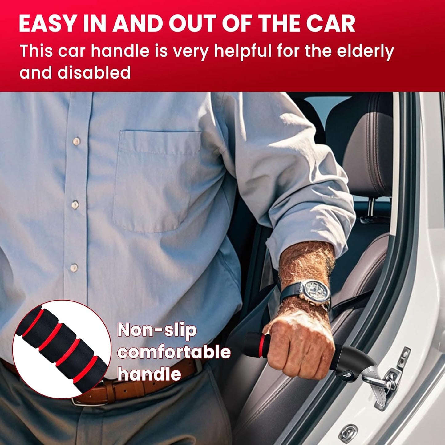 Car Door Handle for Elderly: Portable Car Assist Handle for Elderly & Seniors & Handicap - Auto Multifunction Armrest Portable Bar (1Pack Red and 2Pack Straps)