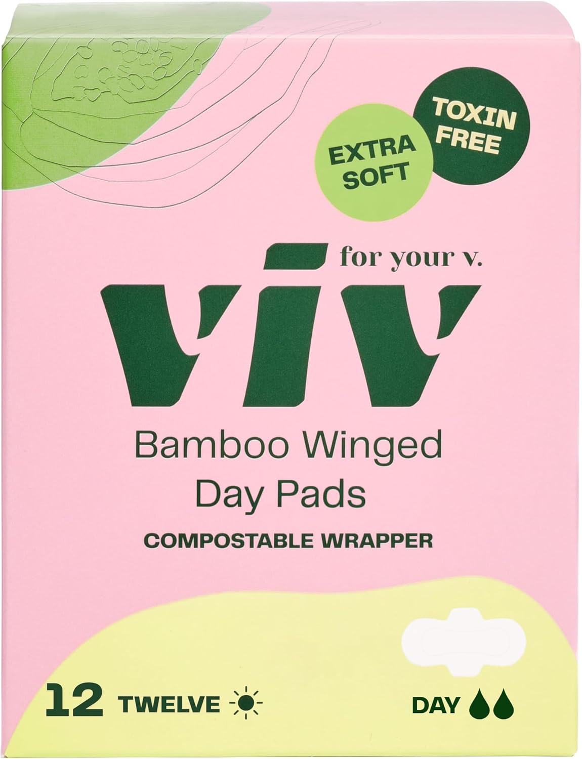Viv for Your V Bamboo Organic Pads for Women | Soft, Thin, Absorbent Sanitary Pads with Wings | Unscented, Earth-Friendly | Postpartum Gift for Mom | Regular Absorbency (12 Pack)