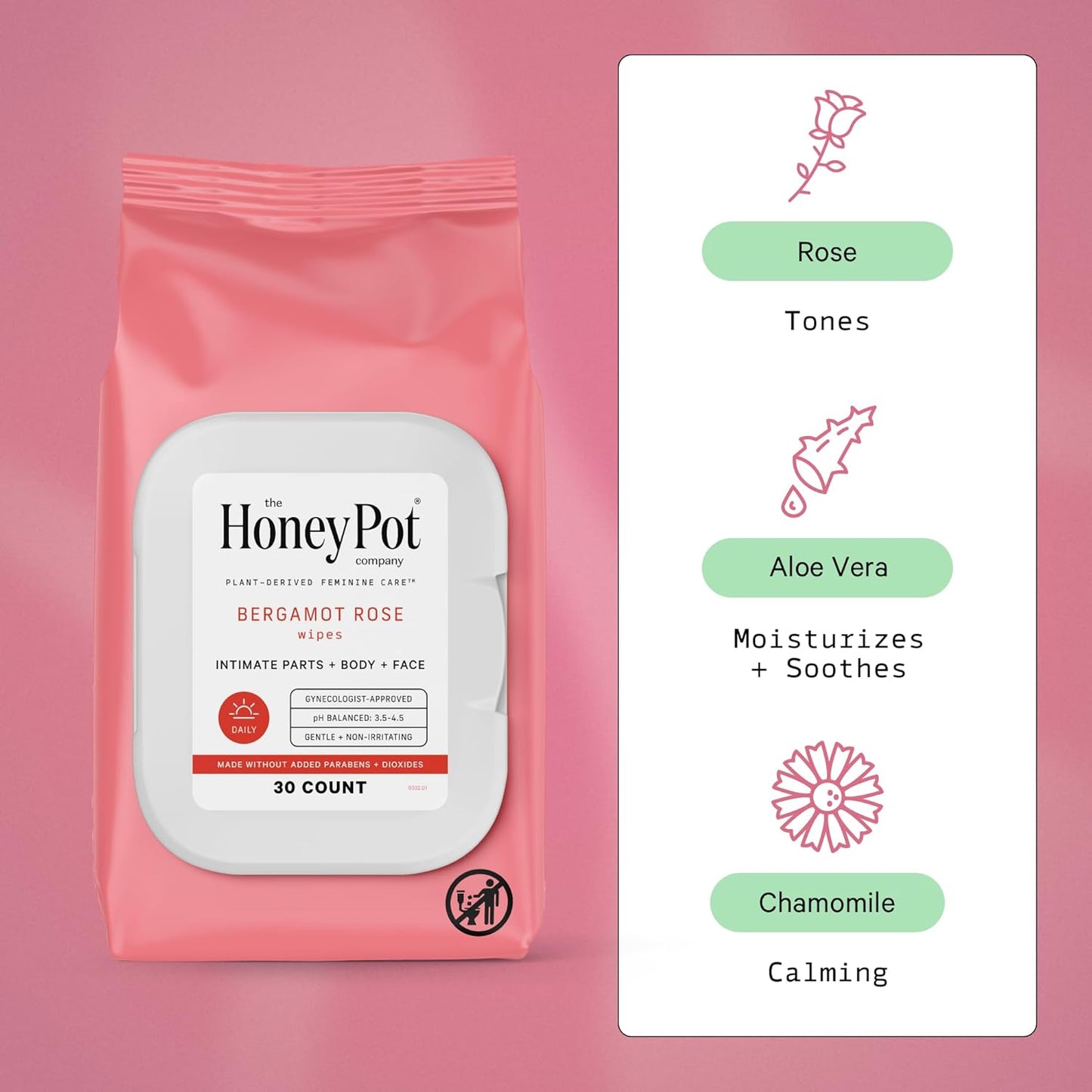 The Honey Pot Company - Feminine Wipes - Daily PH Balancing, Fragrance & Sulfate Free Wipes for Intimate Parts, Body, or Face - Hygiene Products - Bergamot Rose - 30 ct