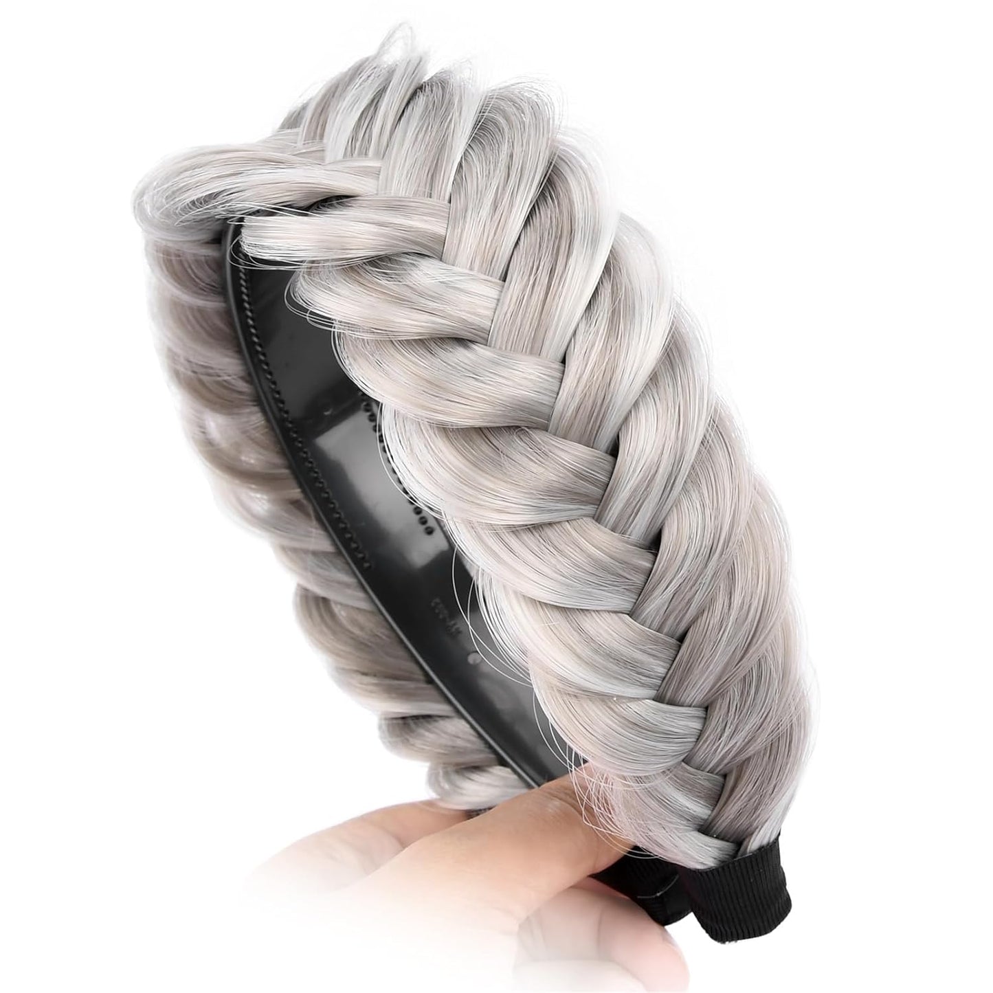 DIGUAN Wide Messy Braided Headband With Teeth Synthetic Hair Plaited Headband High Elasticity Braids Chunky Fishtail Braided Hair Band Hairpiece for Girls Women Beauty Accessory (Smoky Gray)