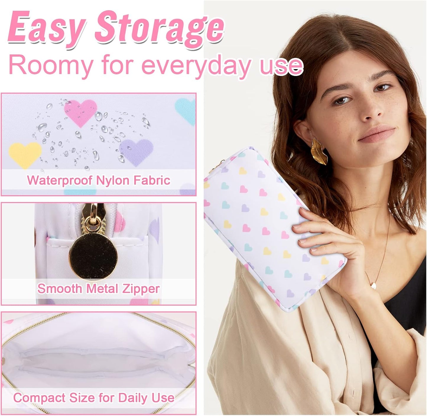 Nylon Small Makeup Bag for Purse, Cute Makeup Bag Preppy Cosmetic Zipper Pouch Purse, Waterproof Portable Travel Toiletry Bag Clutch Makeup Brush Bag Organizer Storage for Women Men Girl(White-Heart)