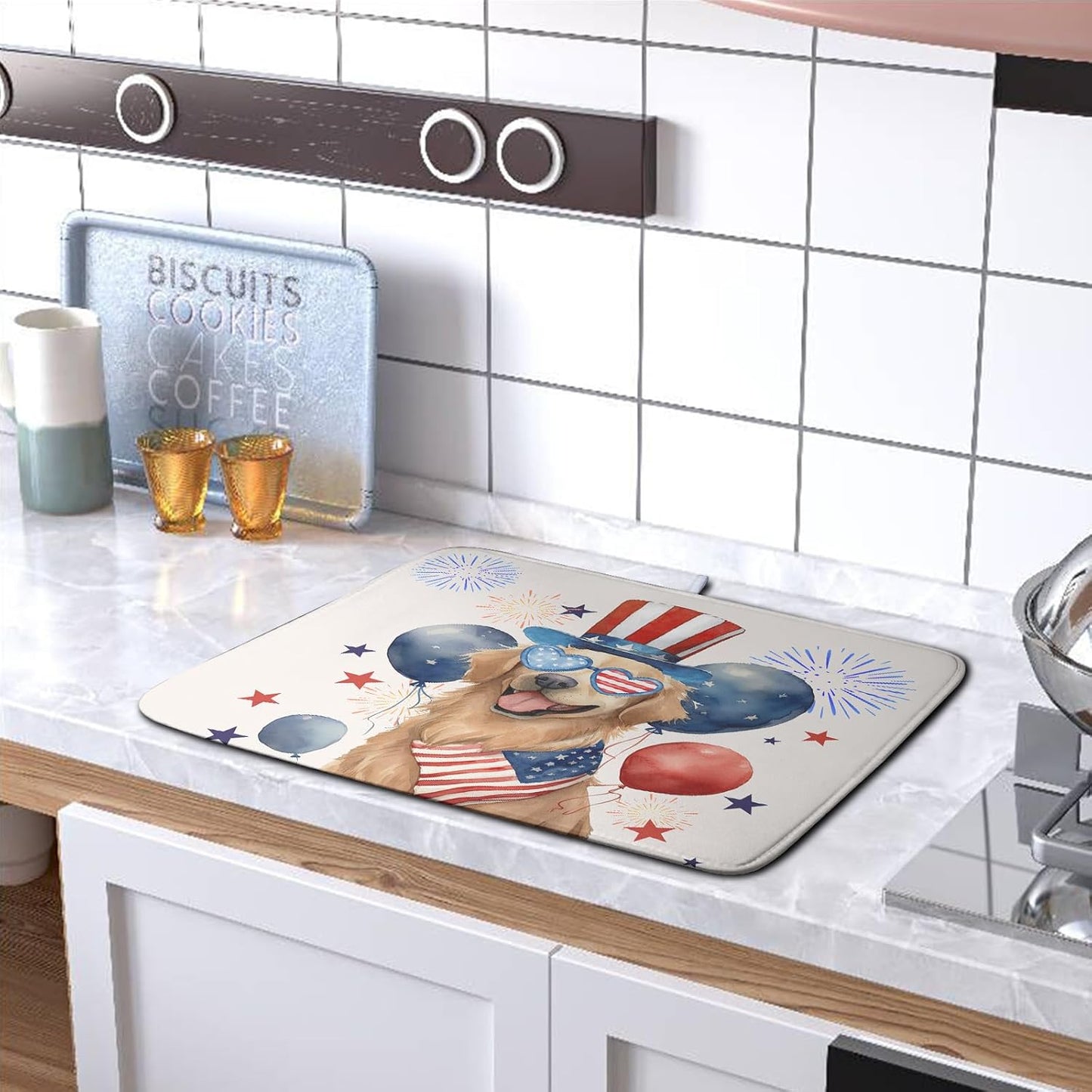 4th of July Patriotic Dog Dish Drying Mat 18 x 24 Inch US Independence Day Blue White Red Kitchen Drying Mat Firework Holiday Dish Drainer Mats Super Absorbent Dish Rack Pad for Kitchen Counter