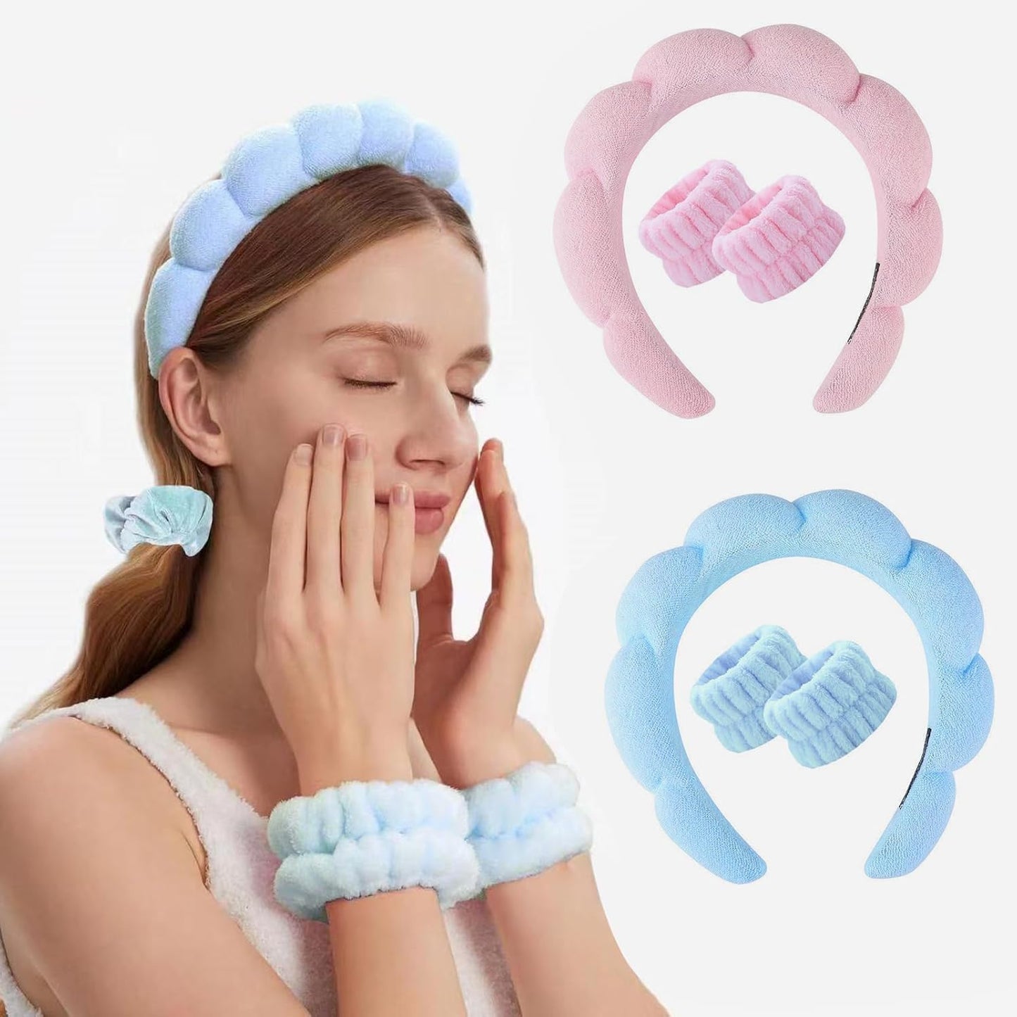 Spa Headband and Wristband Set for Women,Terry Cloth Sponge Headband for Washing Face,Makeup,Facial Mask and Skincare (Blue,Pink, One Size)