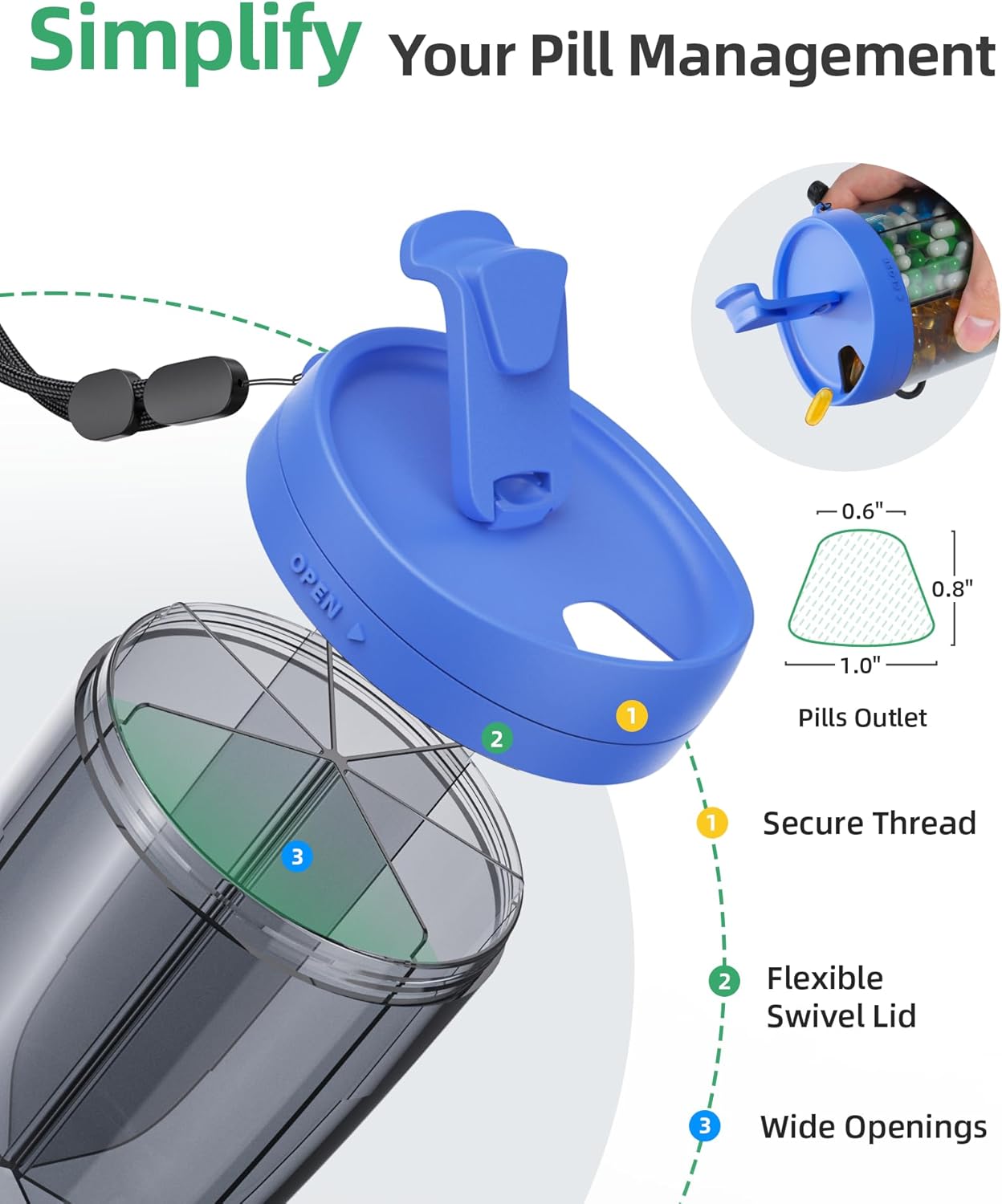 PULIV Large Supplement Organizer Bottle, Holds Plenty of 6 Various Vitamins in 1 Pill Dispenser with Anti-Mixing & Wide Openings Design, Easy to Retrieve Meds, Includes 20 Pcs Labels Royal Blue