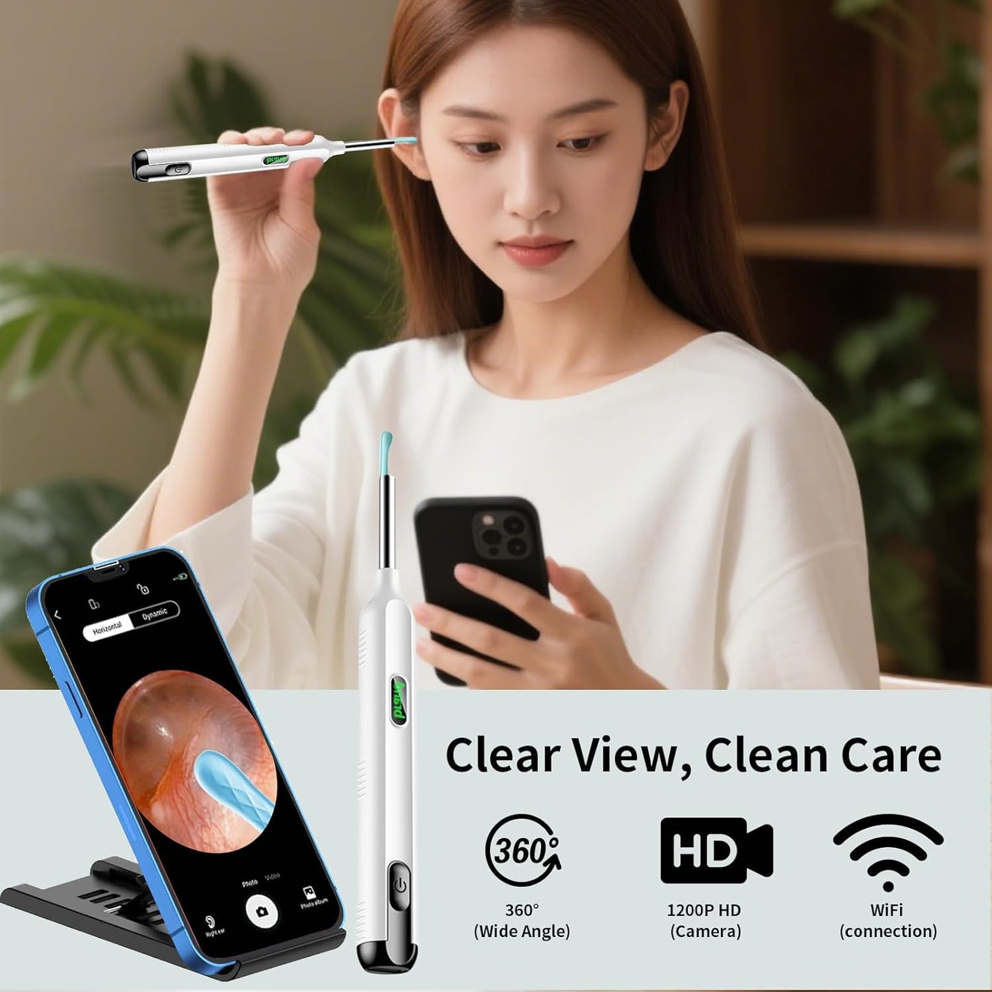 Ear Wax Removal Tool Camera, Ear Cleaner with Camera, 1200P HD Ear Camera with 6 LED Light, Ear Cleaning Kit with 15 Pcs Replacement Tips for iPhone & Android Phones White