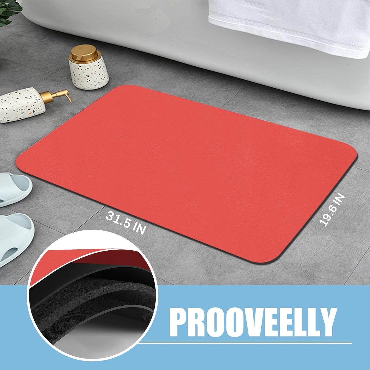 Diatomaceous Earth Bath mat Bathroom Rugs Super Absorbent Quick Dry Non Slip Bath Mat Thin Bathroom Floor Mats Fit Under Door-Shower Rug for in Front of Bathtub Shower, Red, 15.7"*23.6"