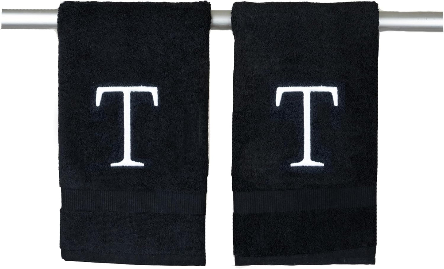 Black and White Bathroom Hand Towel - Monogrammed Luxury Hotel Quality Decorative Embroidered Towel for Powder Room, Spa - GOTS Organic Certified - Pack of 2, Letter T