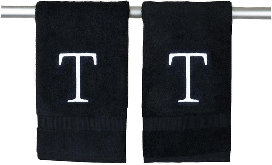 Black and White Bathroom Hand Towel - Monogrammed Luxury Hotel Quality Decorative Embroidered Towel for Powder Room, Spa - GOTS Organic Certified - Pack of 2, Letter T