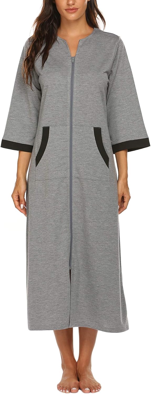 Ekouaer Women Zipper Robe 3/4 Sleeves Loungewear Dress Full Length Sleepwear Pockets Housecoat Nightgown Long Bathrobe