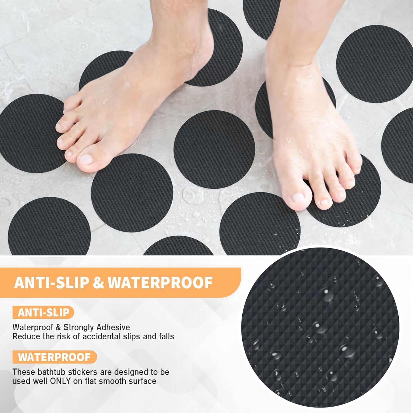 Non Slip Bathtub Stickers, 24 PCS Shower Stickers for Safety Bathroom Tubs, Bathtub Non Slip Stickers and Adhesive Decals Scraper for Bath Tub, Shower Floor, Stairs, Ladders(Round Shape,Black)