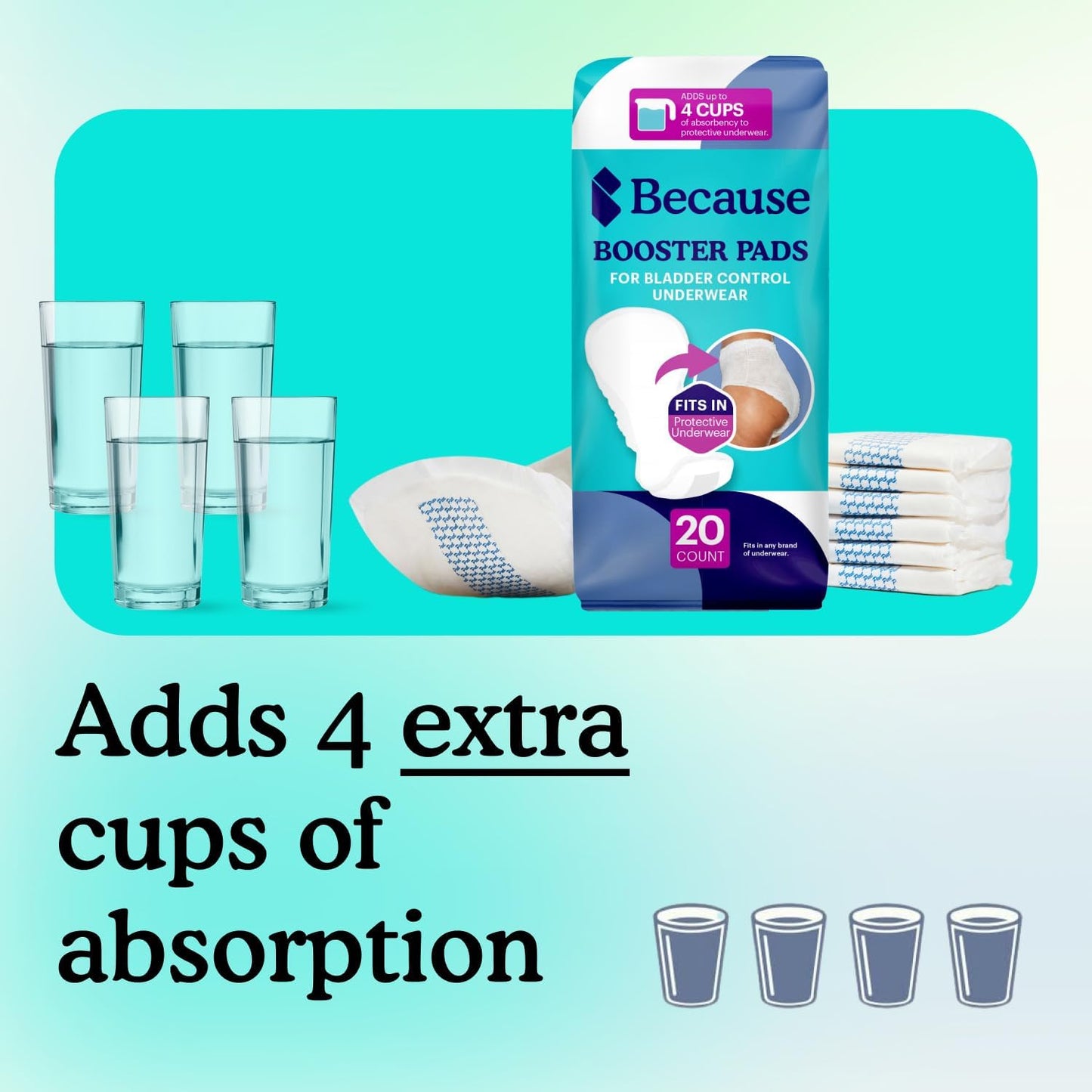 Because Premium Incontinence Booster Pads for Men and Women, Adds 4 Cups Extra Absorbency to Adult Diapers, Super Soft, Adhesive Strip Backing, Unisex, 60 Count (3 Packs of 20)