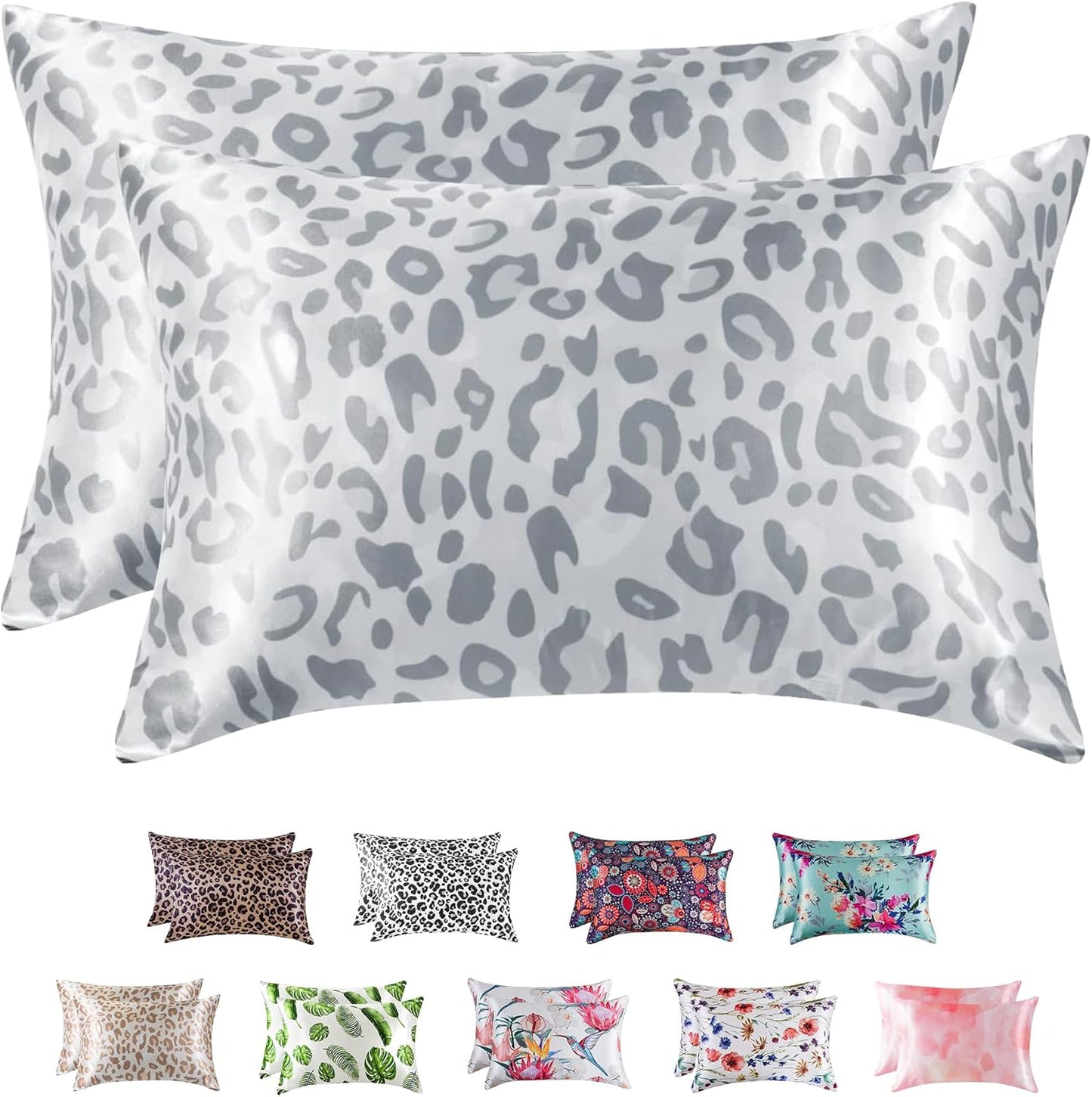 MR&HM Satin Pillowcase for Hair and Skin, Silk Satin Pillowcase 2 Pack, King Size Pillow Cases Set of 2, Silky Pillow Cover with Envelope Closure (20x36, Silver Leopard)