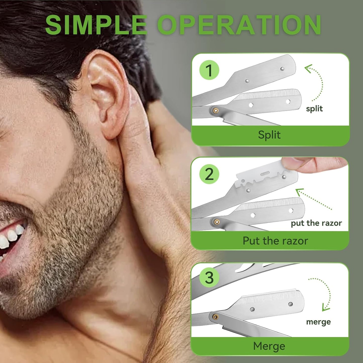 Straight Razor for Men, IKOCO Black Straight Edge Razor Kit with 20PCS Barber Shaving Blades, Leather Case, Scissor, Tweezer, Silver