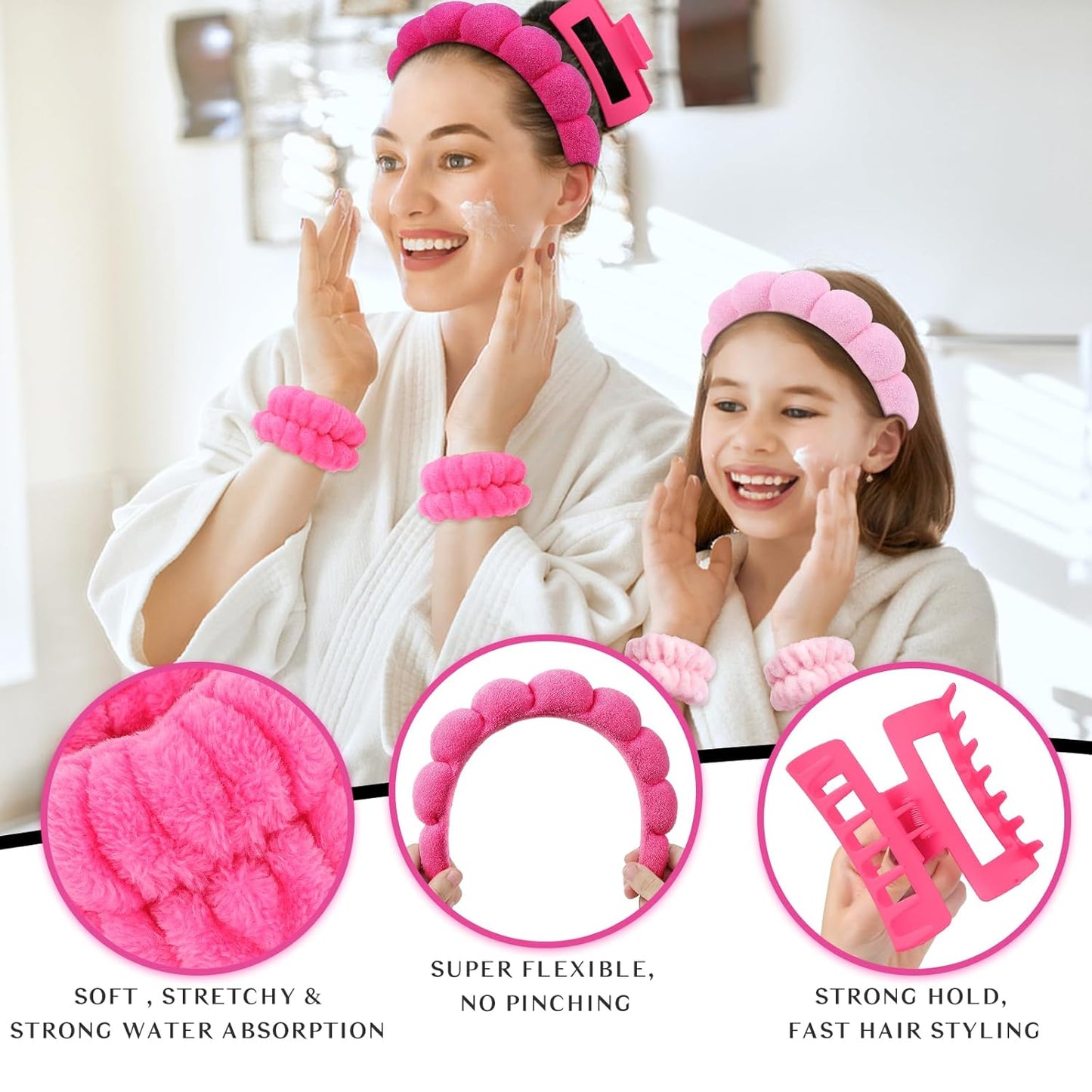 Wecoe Pink Rose Red Spa Headband And Wristband Set Skincare Headband For Washing Face Hair Claw Clips For Thick Hair Cute Puffy Sponge Bubble Makeup Head Band Wrist Towels Scrunchies For Women Girls