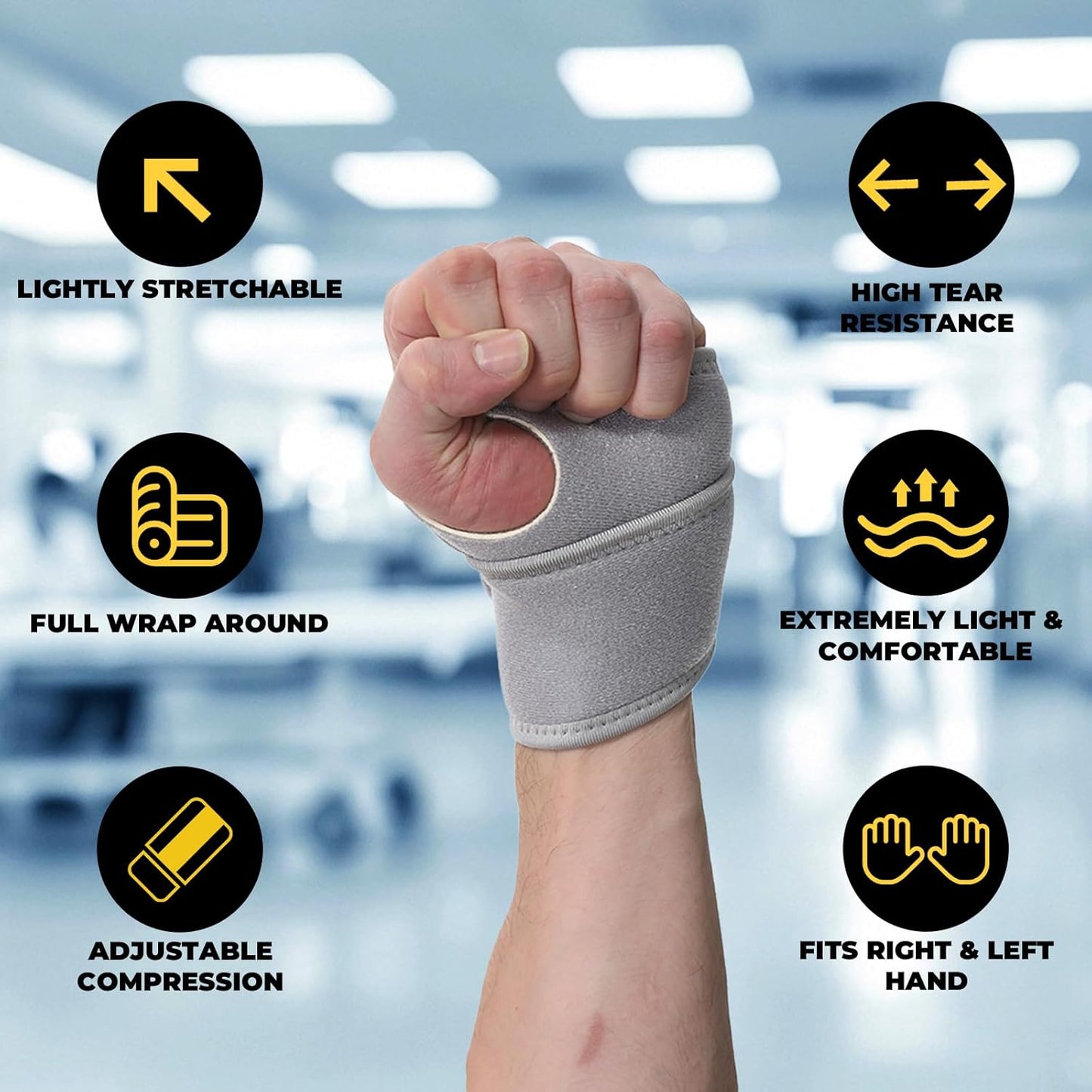 NeoTech Care Wrist Band - Elastic & Breathable Fabric - Adjustable Compression Strap - Men, Women, Right or Left - Support Wrap for Protection or Sports (Gray Color, Size M, 1 Unit)