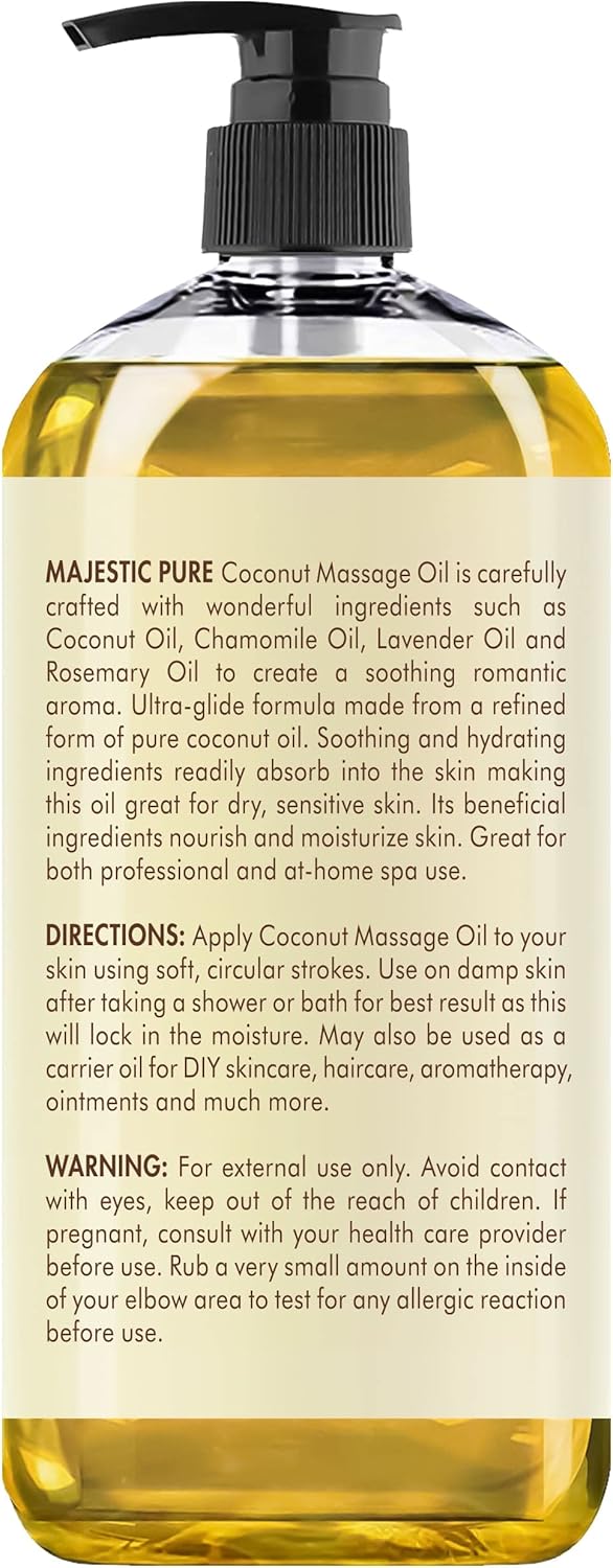 MAJESTIC PURE Coconut Massage Oil for Massage Therapy - Refreshing, and Relaxing - Natural Oils - for All Skin Types - Men and Women - 8 fl oz