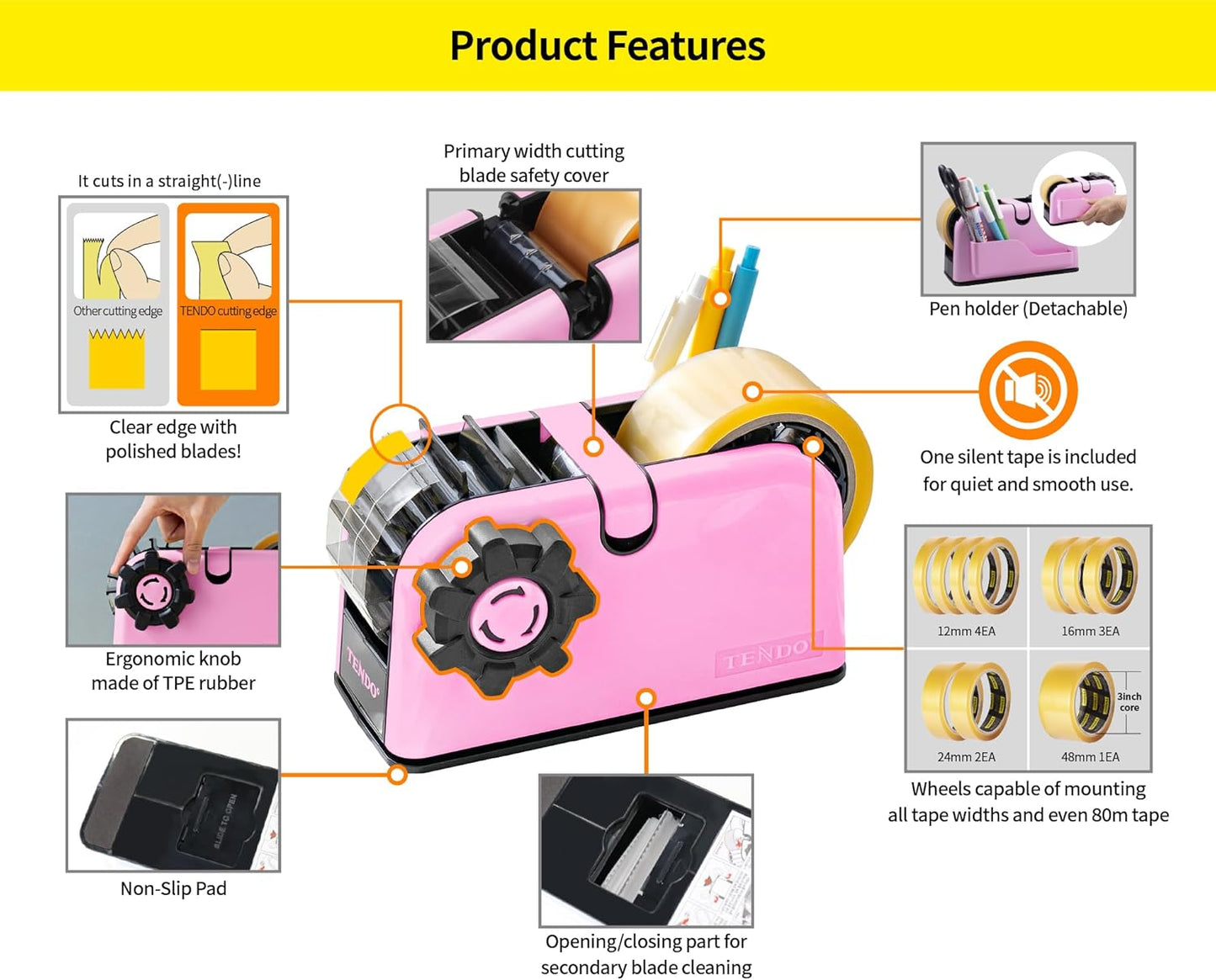 [TENDO°] Multi-Section Tape Dispenser ZO-508: Innovative Cutter for Custom Tape Width (Pink)