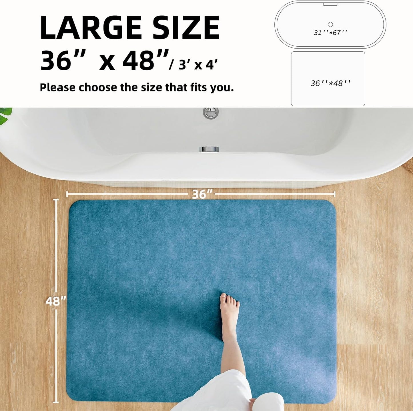 Bathroom Mat Quick Dry, Bathroom Rugs Non Slip Washable Thin Absorbent Bath Mat Fits Under Door Bathroom Floor Mat Perfect for Bath, Shower, or Sink 36"x48" Denim Blue