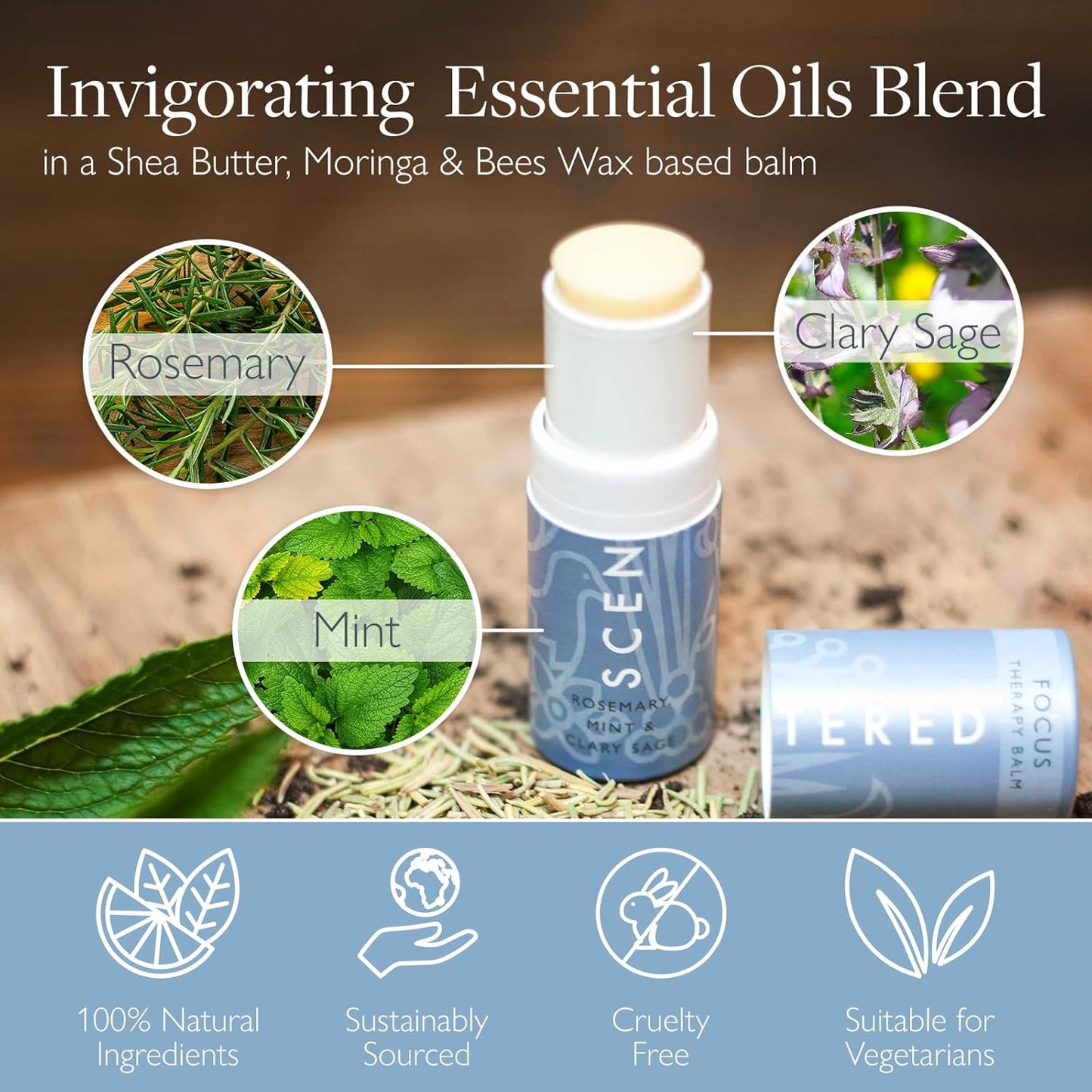 Scentered Aromatherapy Balm Stick for Focus & Concentration - Roll On Essential Oils Blend - 100% Natural: Rosemary, Mint, Clary Sage in Shea Butter - Aromatherapy Gifts for Women