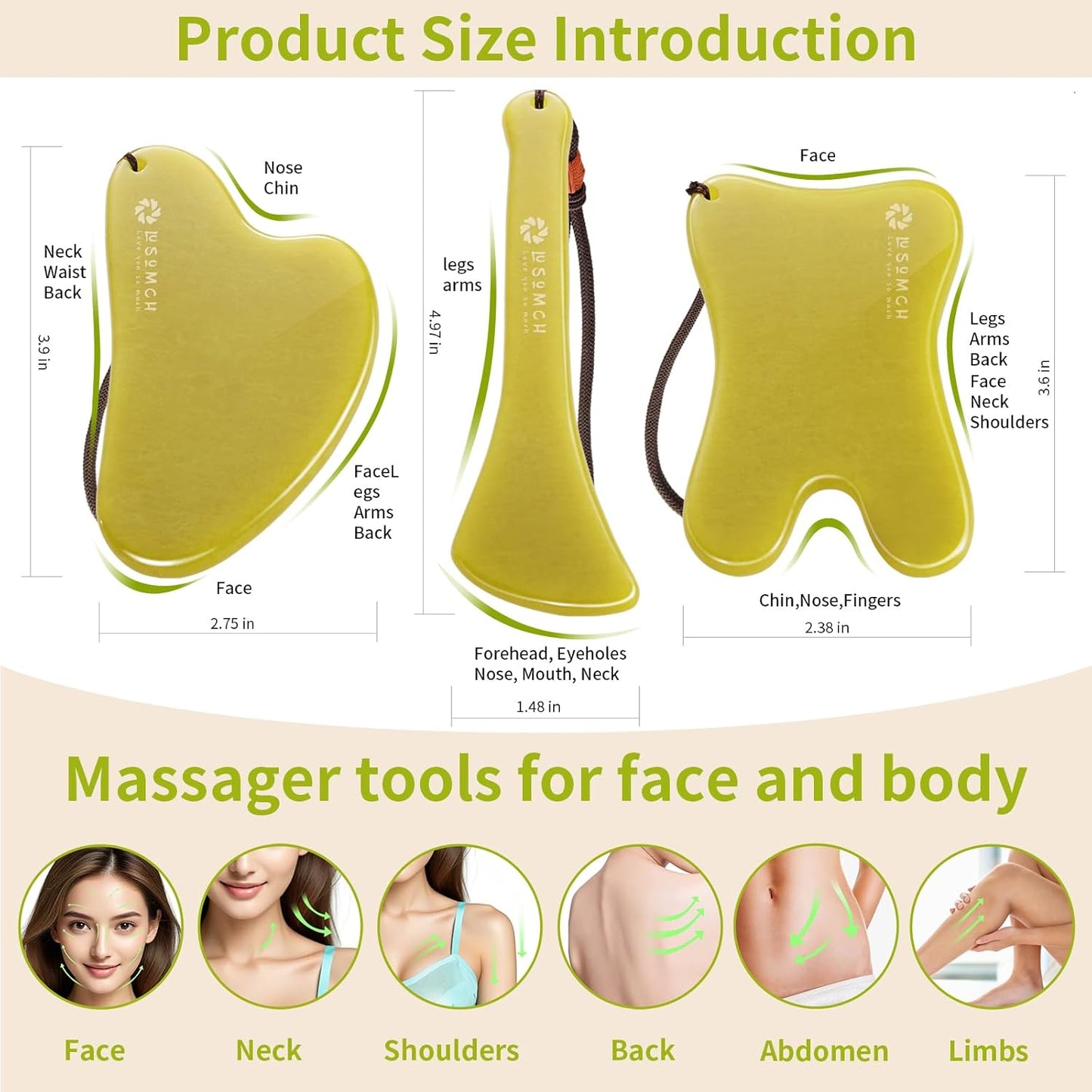 3 Piece Guasha Tool for Face Lymphatic Drainage Massager for Body Green Gifts Real Jade Gua Sha Set Comes with A Beautiful Carrying Pouch Spa Day Essentials