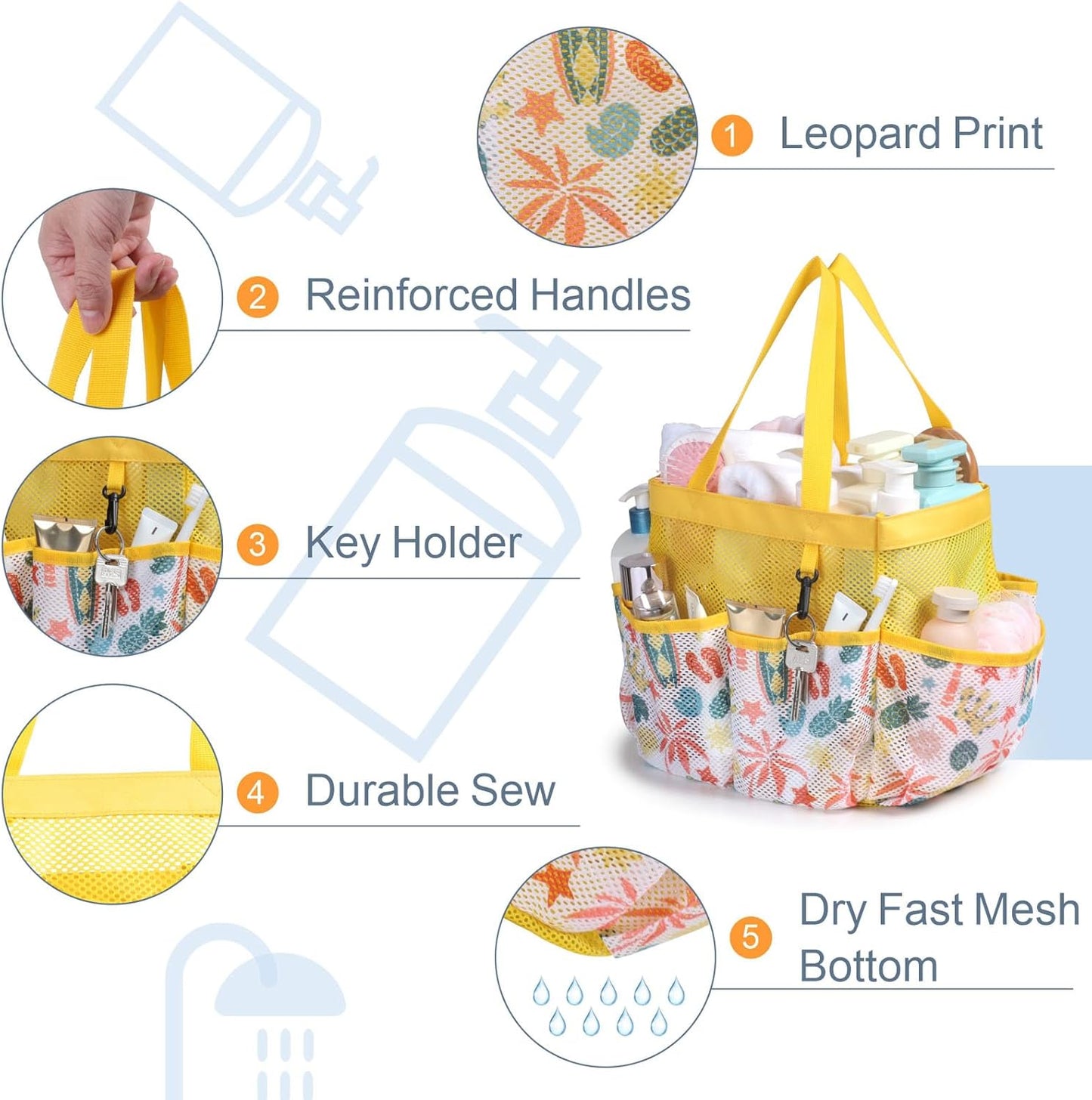 F-color Shower Caddy Portable - Mesh Shower Bag Basket Tote for College Dorm Room Essentials Bathroom Gym Camp Quick Dry for Women Men with S Hook, Yellow Beach