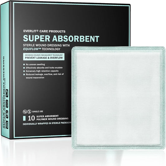 EquiFlow Super Absorbent Dressing for Heavily Exuding Wound | Fast-Absorbing Non-Adhesive Polymer Dressing with Nonstick Gauze Pad | High Absorption & Retention | Pack of 10 (6" x 6")