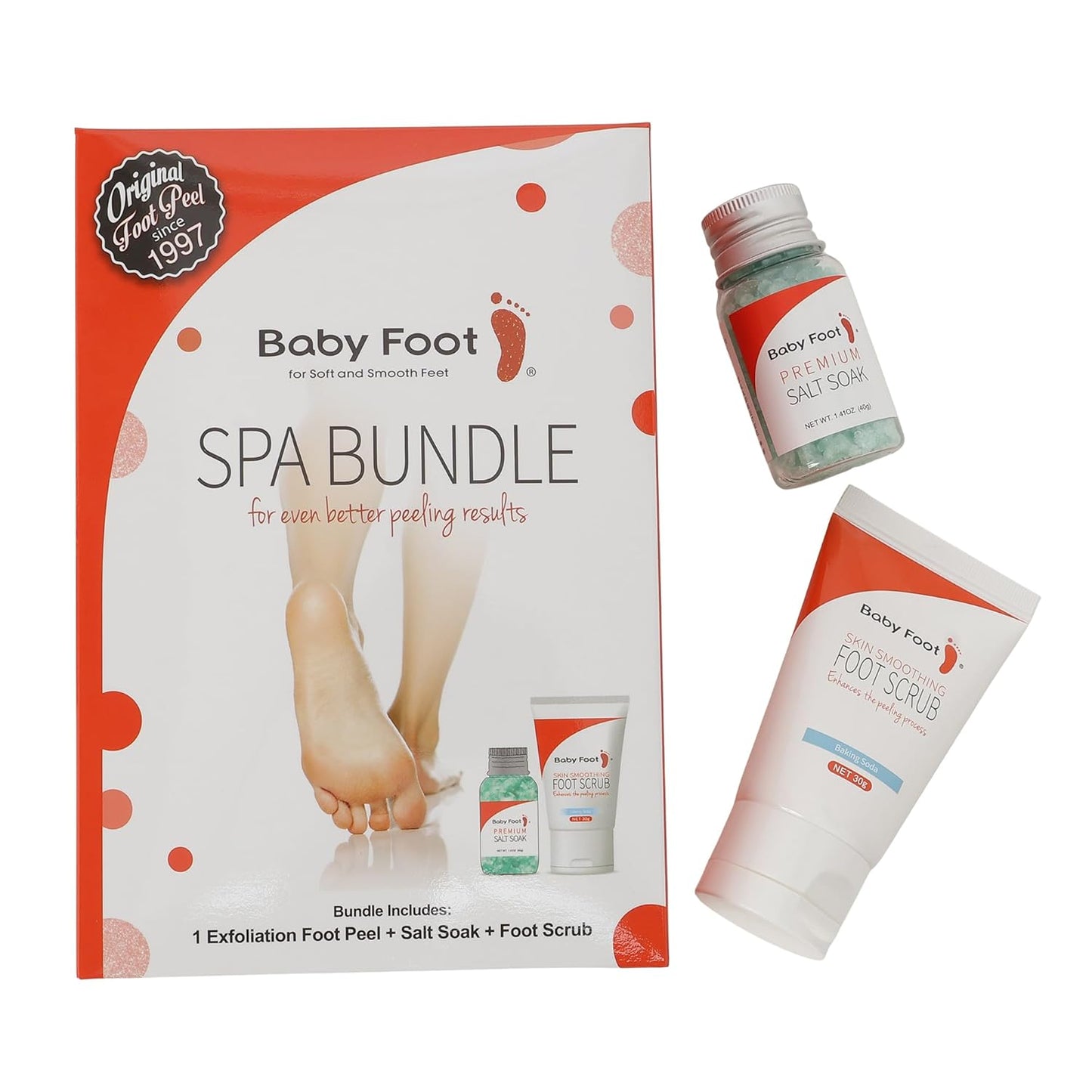 Baby Foot Spa Bundle - Original Exfoliant Foot Peel + Premium Salt Soak and 1 Foot Scrub - Baby Feet Smoothening Foot Peel, Soak and Scrub - Citrus scent - Baby Soft Foot Exfoliation Bundle Set