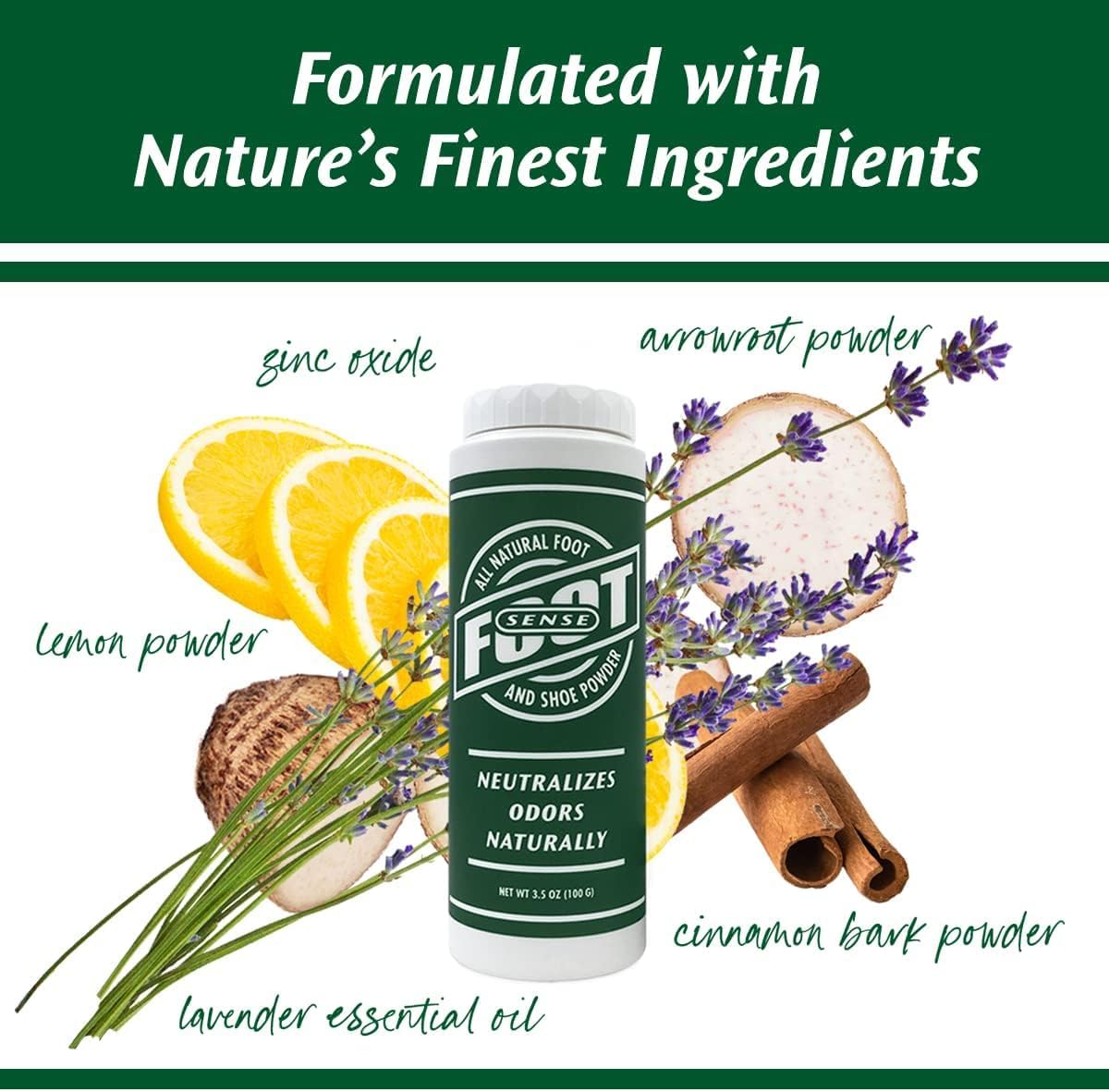 FOOT SENSE All Natural Foot & Shoe Powder, Foot Odor Eliminator for Long-Lasting Odor Control Lasts up to 6 Months, Disinfects & Deodorizes, Safe for Men, Women, Kids, Athletes, 100g